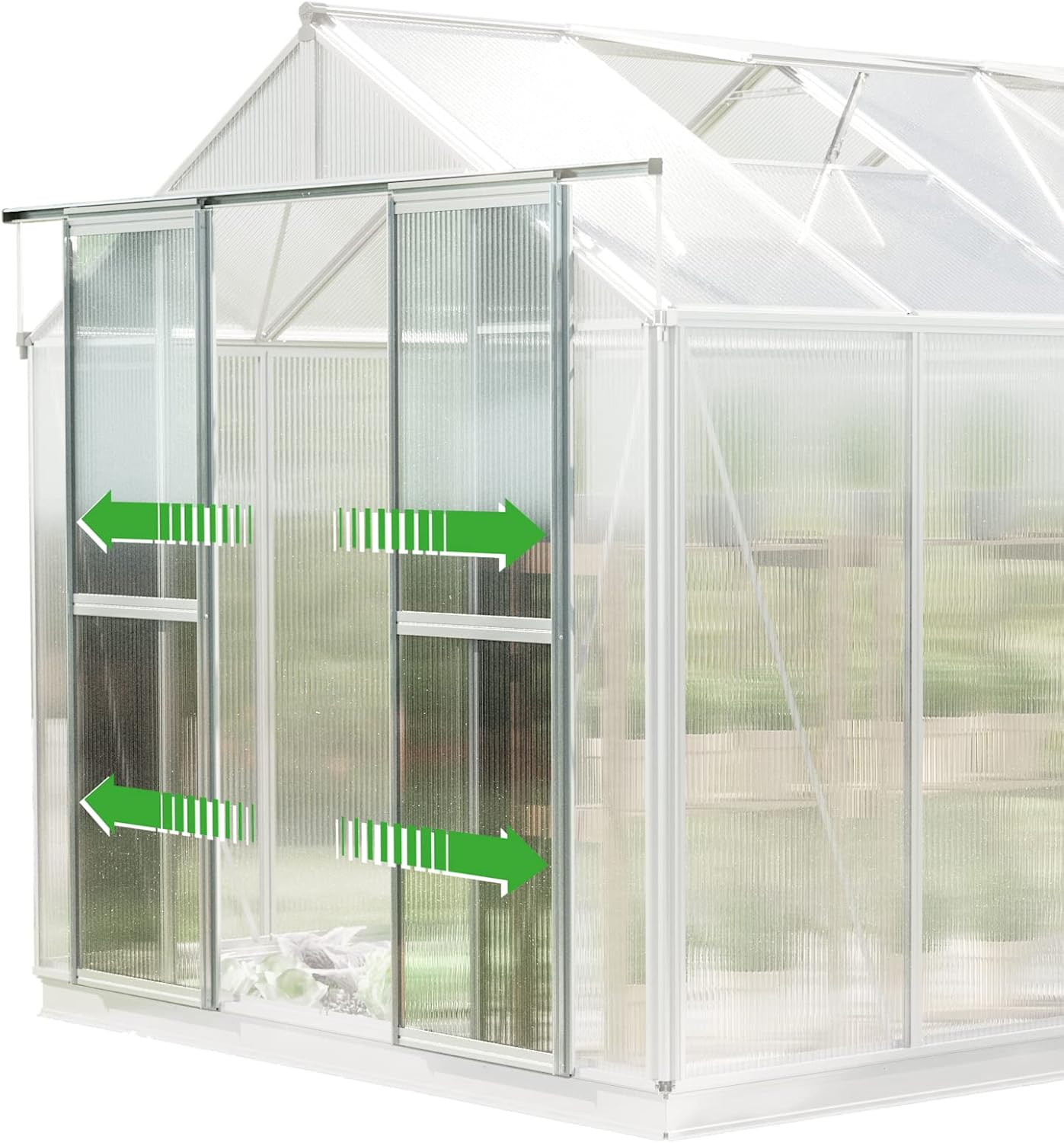 Greenhouse Saphir 6 Aluminum Frame 8.5 x 12.6 ft Approx. 8 mm Polycarbonate Panels - with Bonus Base Frame and Automatic Vent Opener