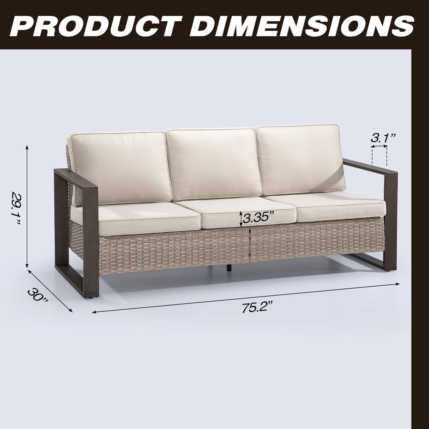 Joyside Outdoor Patio Wicker Sofa, 3-Seater Rattan Sofa with Thick Olefin Cushions and Metal Steel Rectangular Framed Armrest -Looking Metal Armrest Suitable for Garden, Backyard, Porch, Deck (Beige)