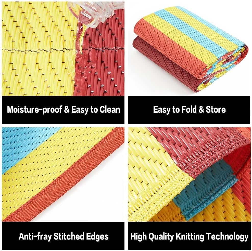 Outdoor Waterproof Rug 8'x10' Plastic Straw Rugs Washable Reversible Floor Mat Rainbow Stripe Carpet for Camping RV Deck Entryance Porch Picnic Balcony Beach Backyard