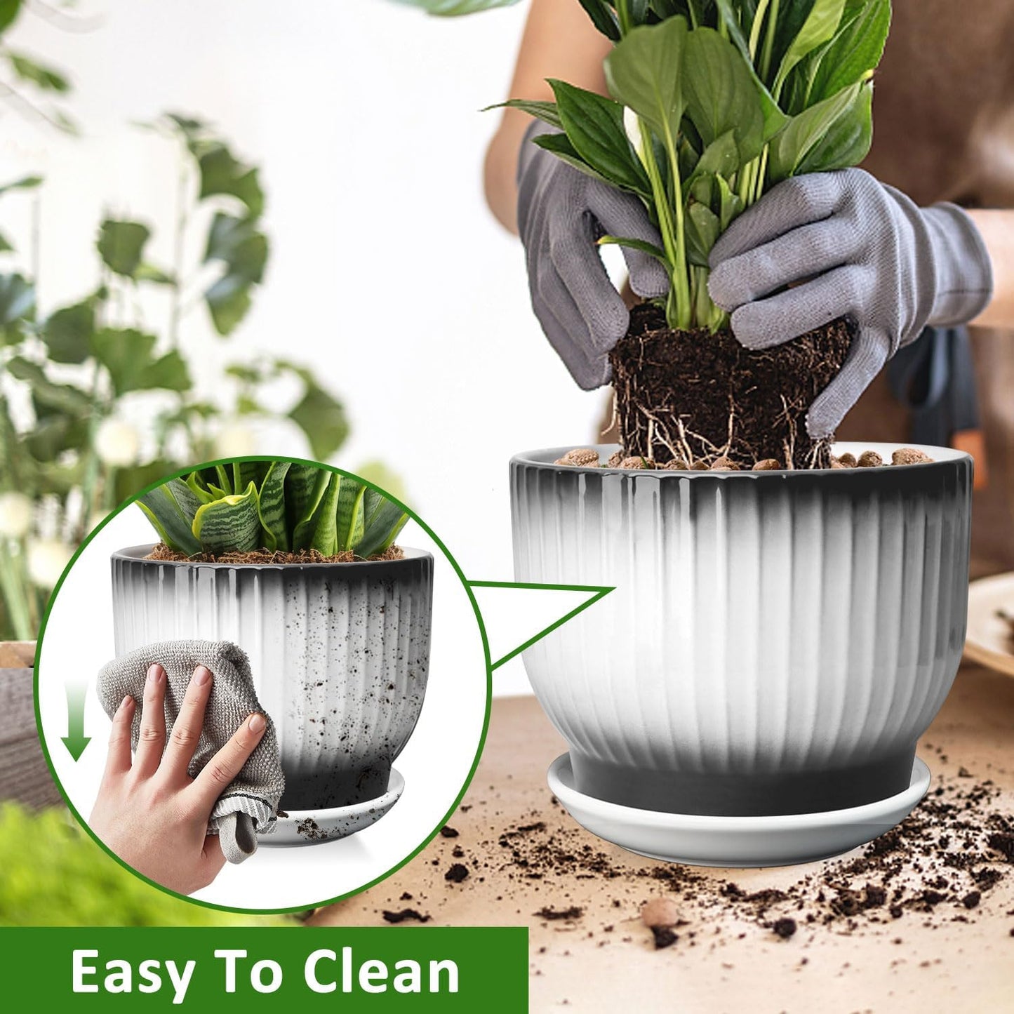 8 Inch Plant Pot, Ceramic Planter with Drainage and Saucer, Ceramic Pots for Plants, Indoor Plant pots,Ceramic Flower pots(Black + White, Plants NOT Included)