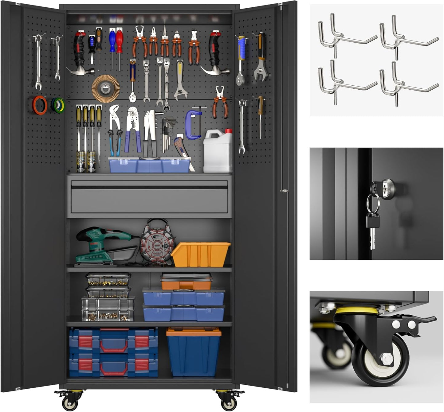 Aobabo Metal Storage Cabinet with Wheels and Adjustable Pegboard, Steel Rolling Tool Cabinet with 16 Hooks and 1 Interior Drawers for Garage, Home, Office, Kitchen, Black, Assembly Required