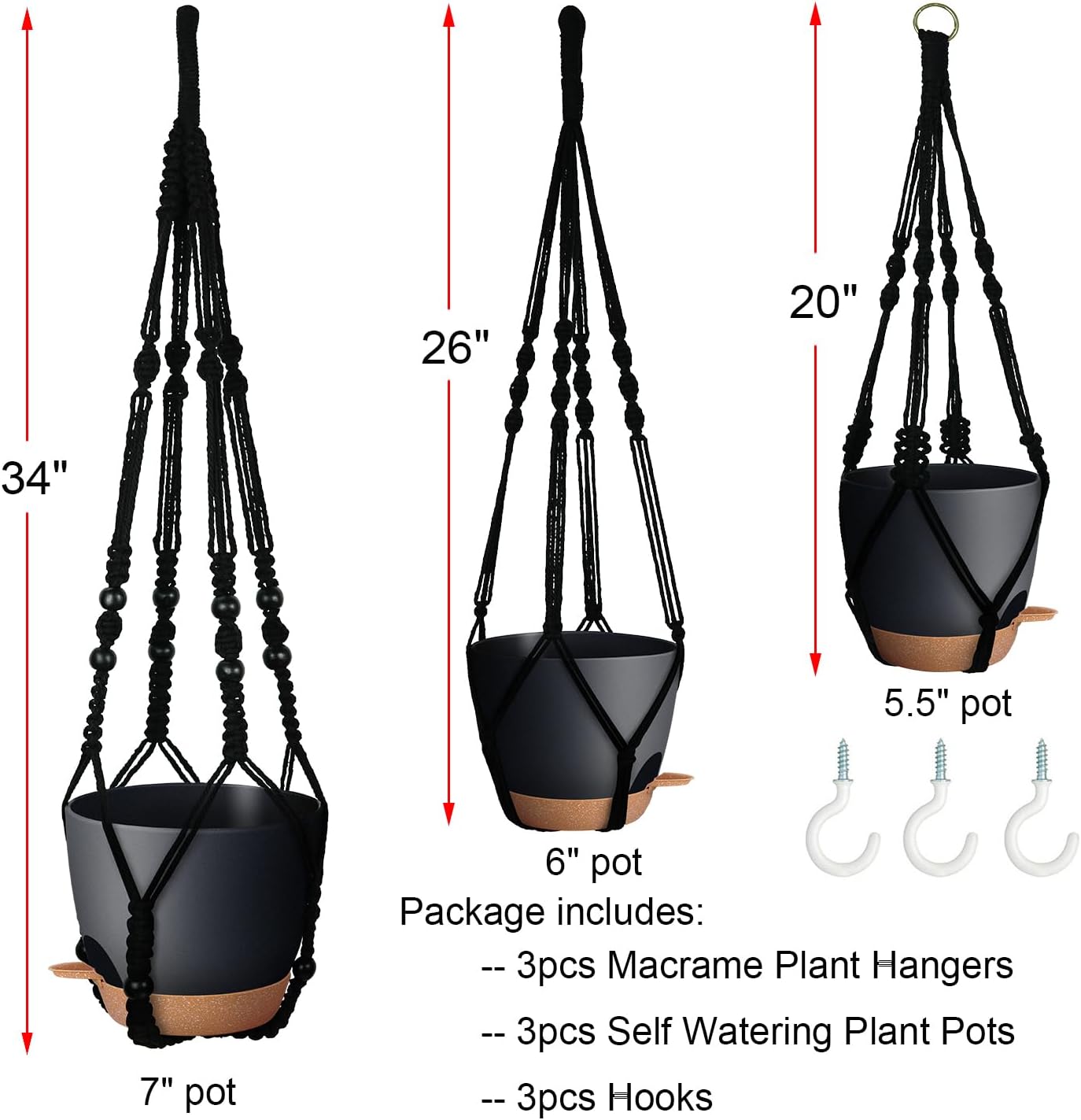 3 Pack Self Watering Hanging Planters Macrame Plant Hangers with Indoor Flower Pots, 3 Different Size Hanging Basket, Plant Hanger with Hooks for Garden Home Decor Black