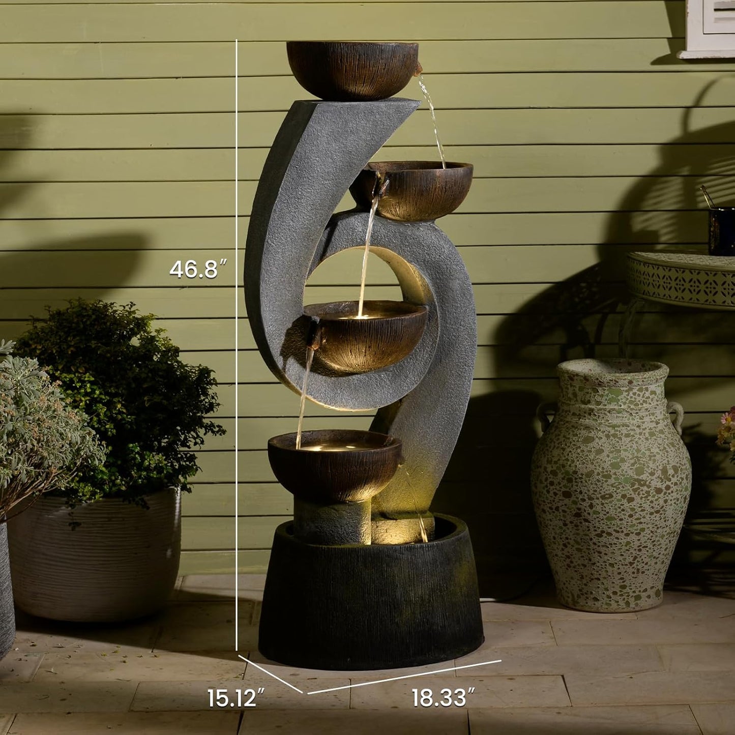 46.8''H Outdoor Water Fountains - 5-Tiered Garden Fountains Outdoor for Patio, Yard, Balcony, Porch, Modern Resin Waterfall Feature for Outside with Light, Cascading Bowl Water Feature Gray