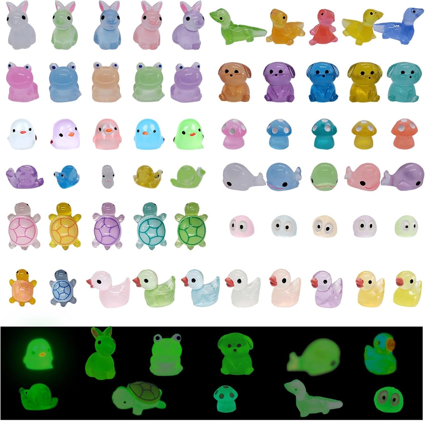 60pcs Mini Resin Animals Luminous Tiny Small Animals Figures Variety Pack Glow in The Dark Ducks Rabbits Ect 11 Type Little Figurines to Hide for Miniature Landscape Potted Fairy Garden & Aquarium