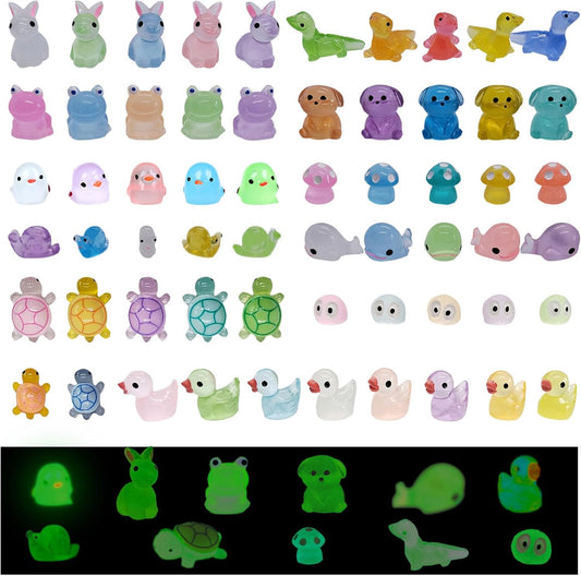 60pcs Mini Resin Animals Luminous Tiny Small Animals Figures Variety Pack Glow in The Dark Ducks Rabbits Ect 11 Type Little Figurines to Hide for Miniature Landscape Potted Fairy Garden & Aquarium