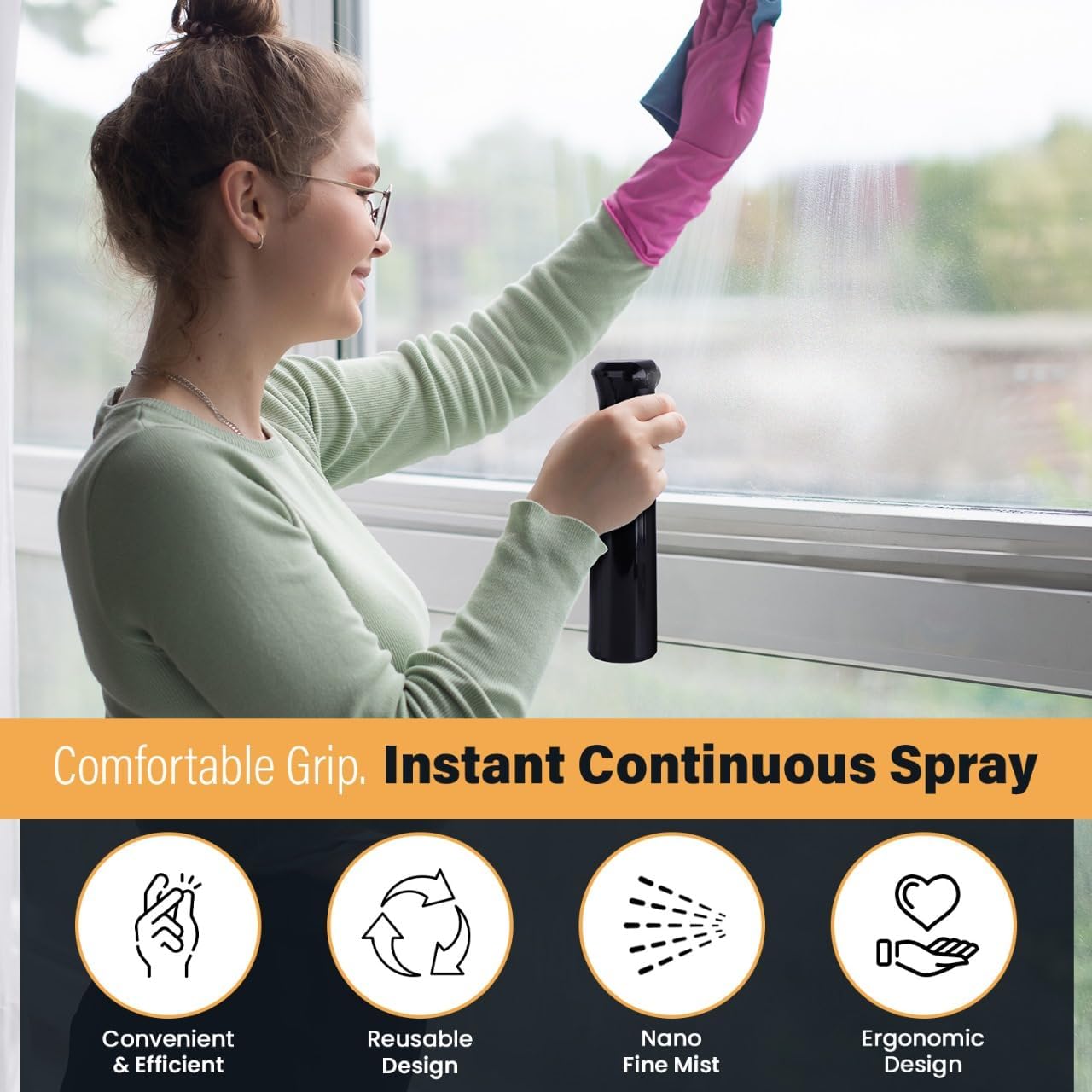 VIGOR PATH Continuous Spray Bottle with Ultra Fine Mist - Versatile Water Sprayer for Hair, Home Cleaning, Salons, Plants, Aromatherapy, and More - Empty Hair Spray Bottle - 300ml/10.1oz (Black)