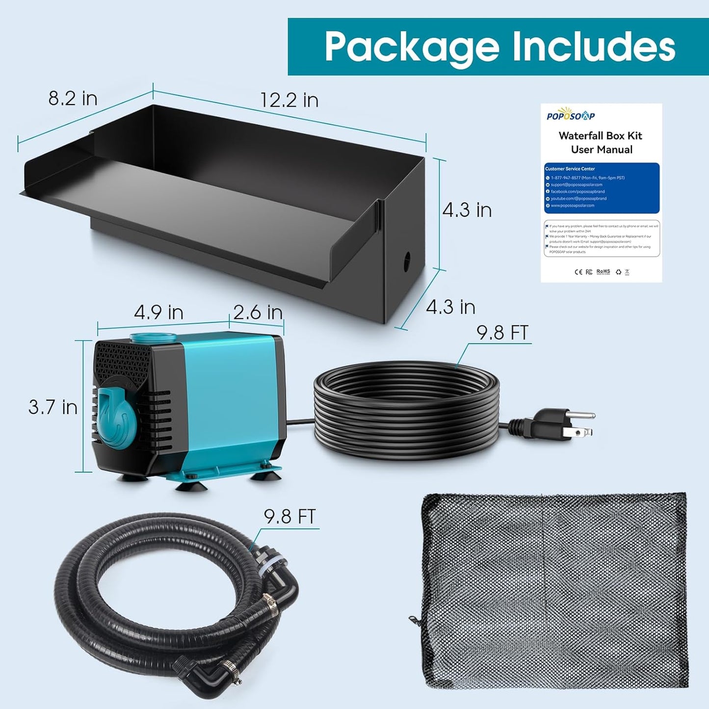 POPOSOAP Pond Waterfall with Pump Kit, 304 Stainless Steel Waterfall Spillway with 40W 660GPH Pump, Pond Spillway with 9.8FT Corrugated Tubing for Garden (12inch)-P43