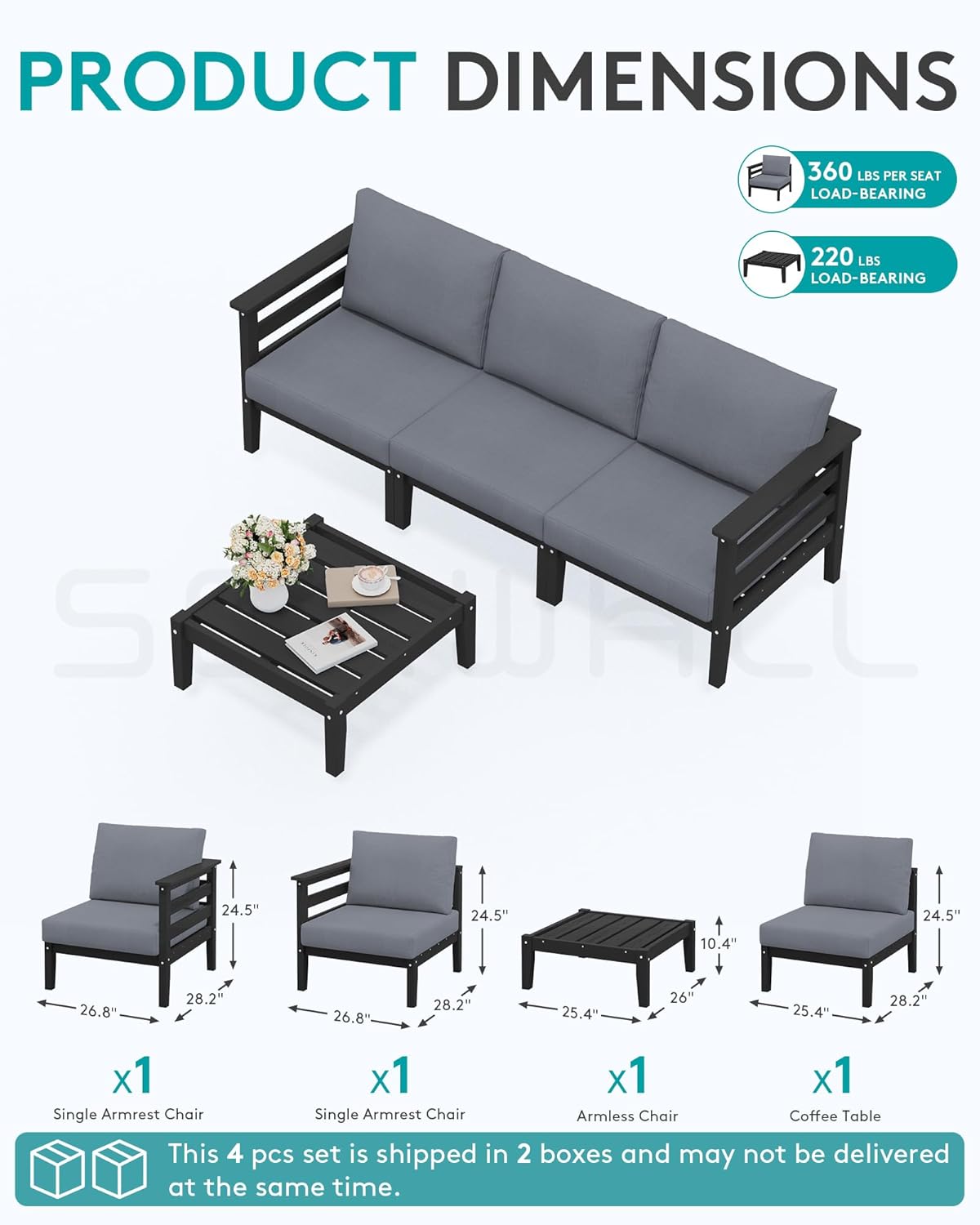 SERWALL HDPE Patio Furniture Set 4 Pieces, All-Weather Wood-Like Outdoor Sofa Couch with Coffee Table for Deck, Lawn, Black Frame with Grey Cushion