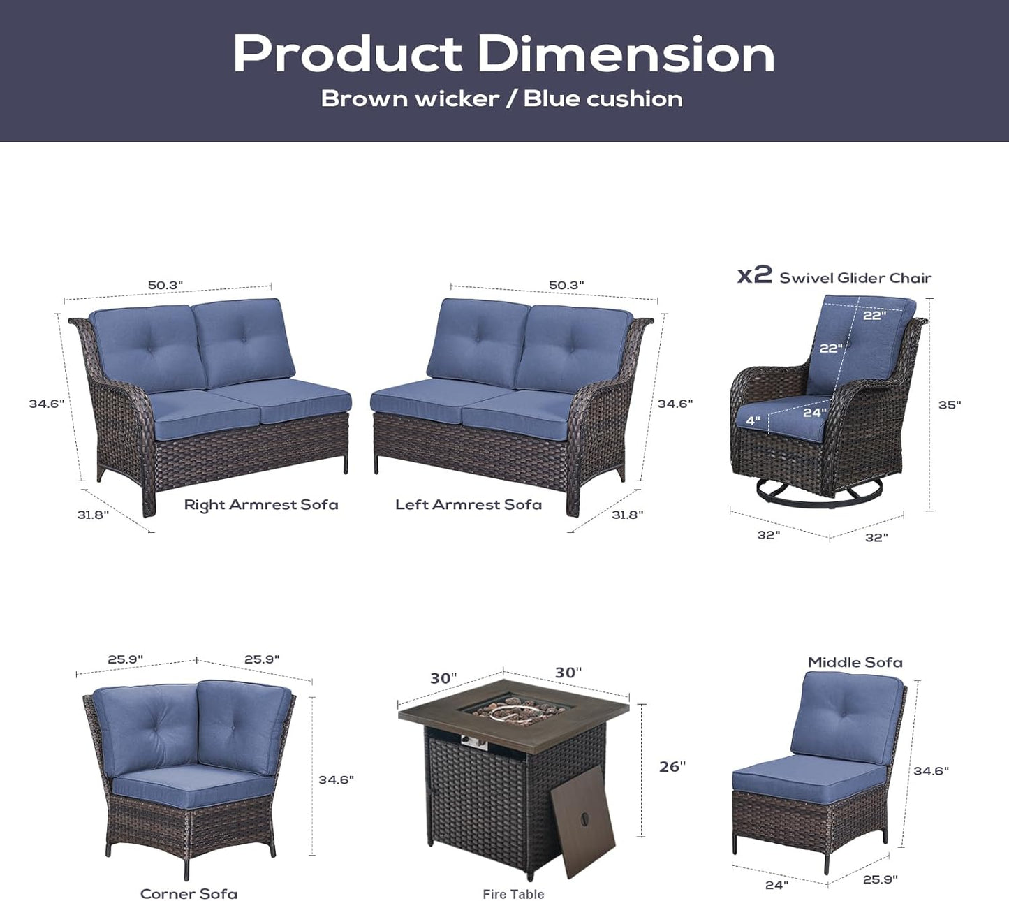 Outdoor Sectional Sofa Furniture Set with 50000BTU Propane Fire Pit Table, Wicker Patio Conversation Set with 2 Swivel Glider Rocker Chairs Blue Cushion Perfect for Backyard Casual Gathering