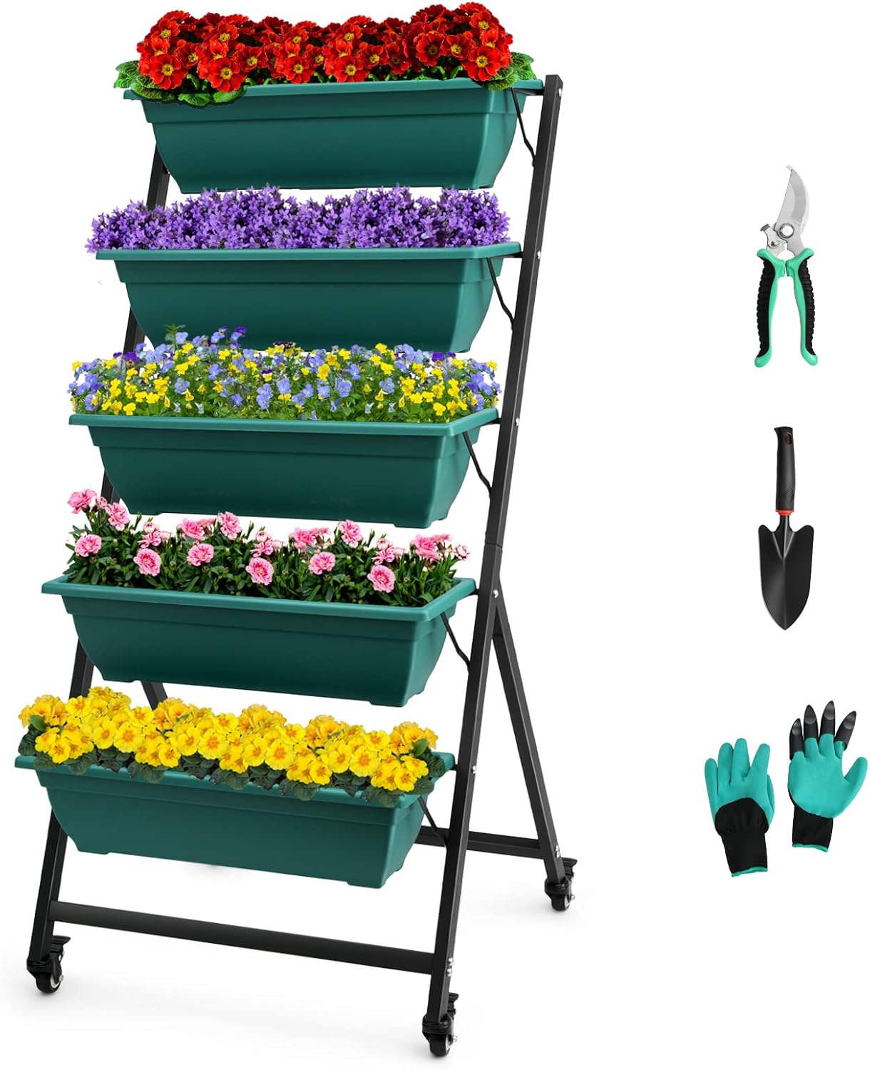 EDOSTORY 4.5 FT Height Vertical Garden Planter Removable Pale Green Raised Bed Box with 5 Container Boxes,Digging Claw Gloves,Trowel,Purning Shears for Outdoor Vegetables Flowers