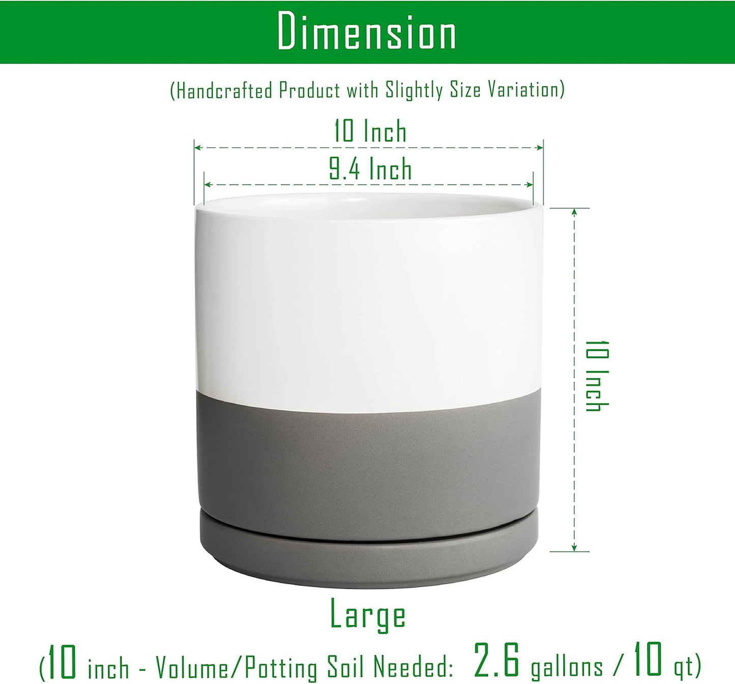 D'vine Dev 10 Inch Ceramic Planter Pot with Drainage Hole and Saucer, Indoor Cylinder Round Planter Pot, White/Speckled Grey, 94-O-E-6