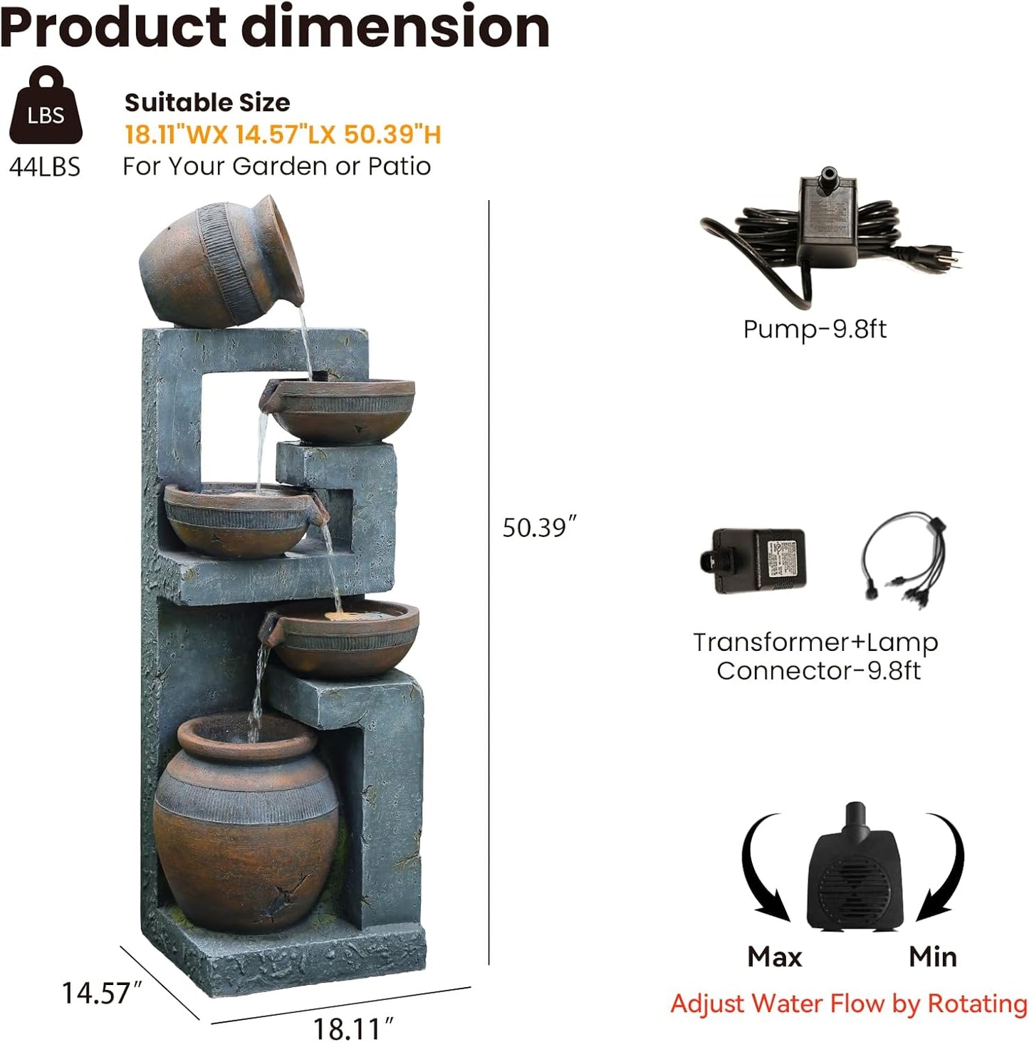 50.4" H Large Garden Fountains Outdoor, 5-Tier Cascading Rustic Style Bowl Water Fountain and Waterfall Feature with Light and Pump for Garden, Patio, Deck, Porch, Home Décor, Gray&Brown