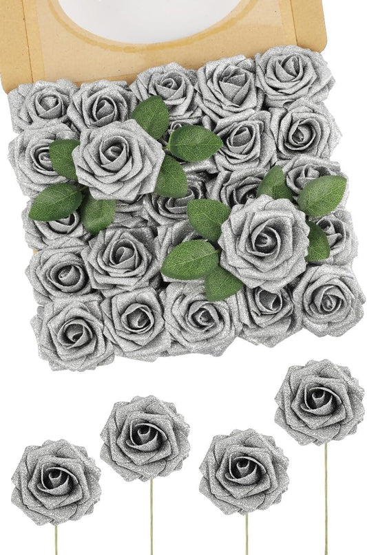 N&T NIETING Artificial Flowers Glowing Silver Flowers Foam 25pcs Glitter Roses Real Looking Fake Roses with Stem for DIY Wedding Bouquets Centerpieces Bridal Shower Party Home Decorations