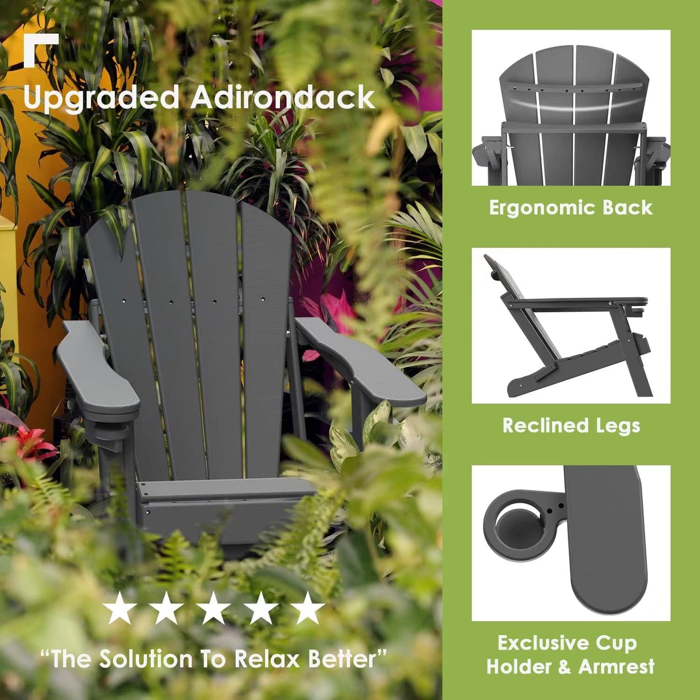 GREENVINES Folding-Adirondack-Chairs-Set-of-2 | HDPE Plastic | Fire Pit Chair | All Weather | Cup Holder | Grey | for Deck Backyard Patio Outdoor Garden