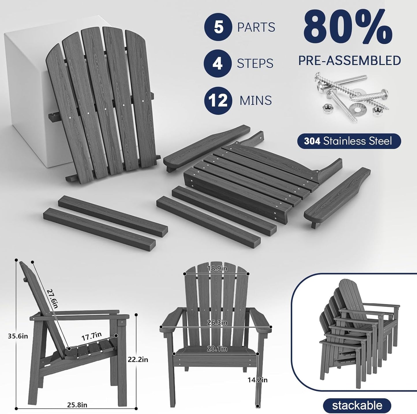 Stackable Adirondack Chair Set of 2, HDPE Outdoor Patio Chair - Durable and Space Saving, Suitable for Porches, Lawns or Garden, Grey