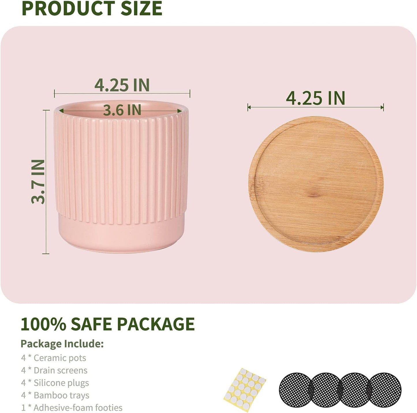 AOMRYOM 4.25 Inch Ceramic Plant Pots with Drainage Holes and Trays, Small Flower Planters Home Decor for Indoor Plants, Succulents, Cactus, Herbs, Multi-Color Stripe, 4 Packs (Plant Not Included)