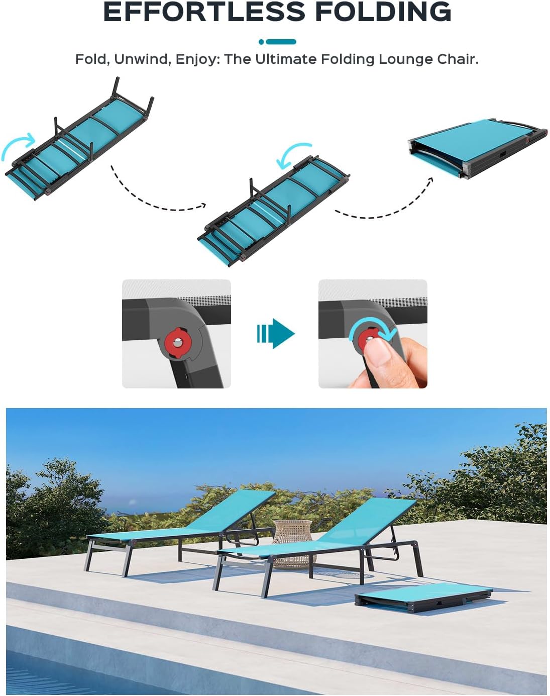 Patio Chaise Lounge Chair Set of 2, Foldable Lounge Chairs for Outside, Aluminum Chairs with 5 Adjustable Backrest, Outdoor Pool Lounger for Lawn, Poolside, Deck, Lake Blue