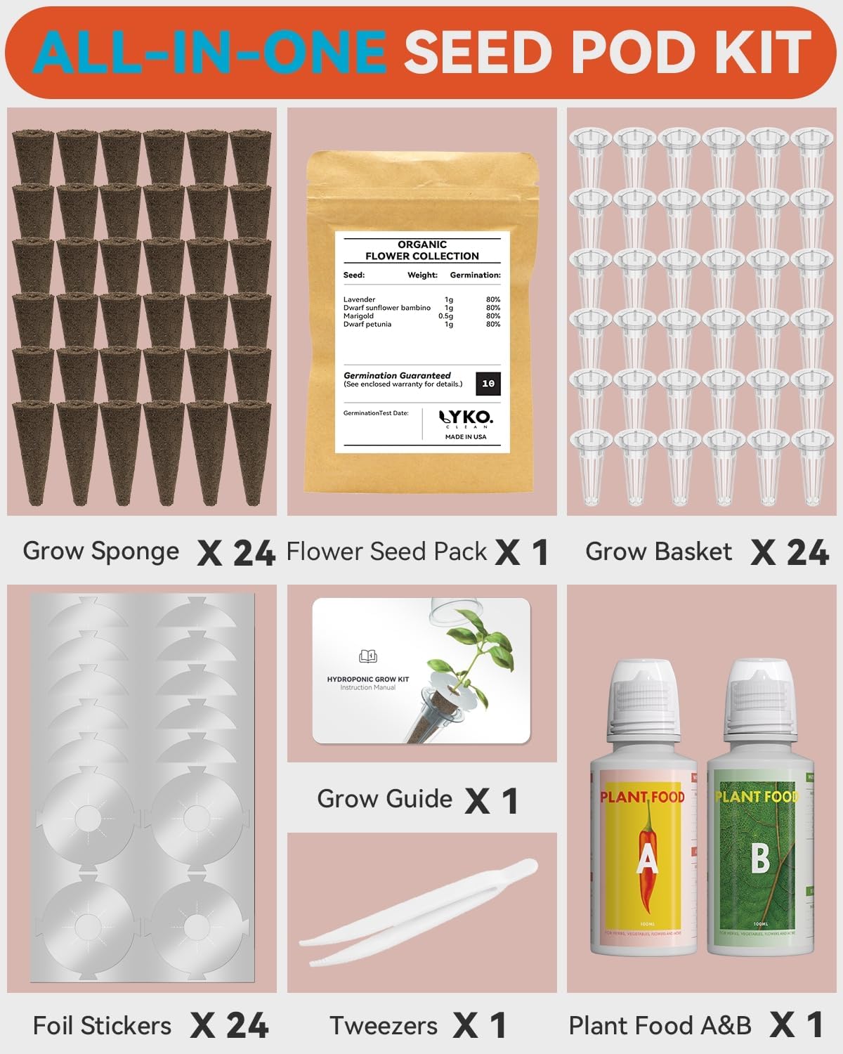 LYKOCLEAN 24 Pods Flower Seed Kit Compatible with AeroGarden Hydroponics Growing System, Indoor Garden Starter Set with Lavender, Sunflower, Petunia and Marigold