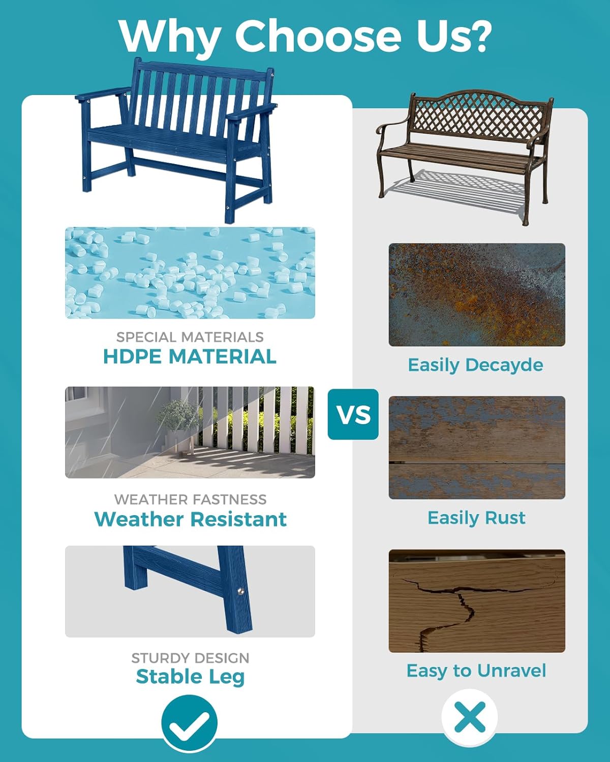 Outdoor Bench, 2-Person HDPE Garden Bench, All Weather Poly Patio Bench for Outdoors, Garden, Backyard, Porch and Park, 550 lbs Weight Capacity, Navy Blue, 2 Pack