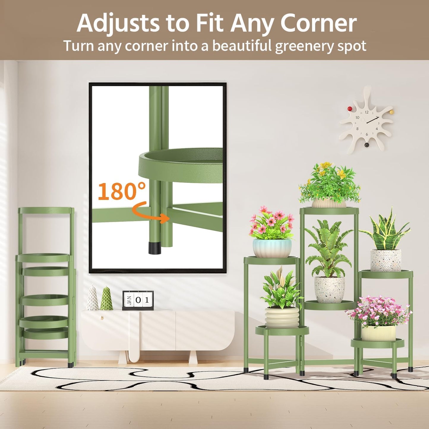 LASZOLA 6 Tiered Folding Plant Stand Indoor for Multiple Large Planter, Tall Heavy Duty Adjustable Rack with Rust Proof Plastic Shelving, Sturdy Vertical Tree Organizer for Narrow Inside Floor, Green