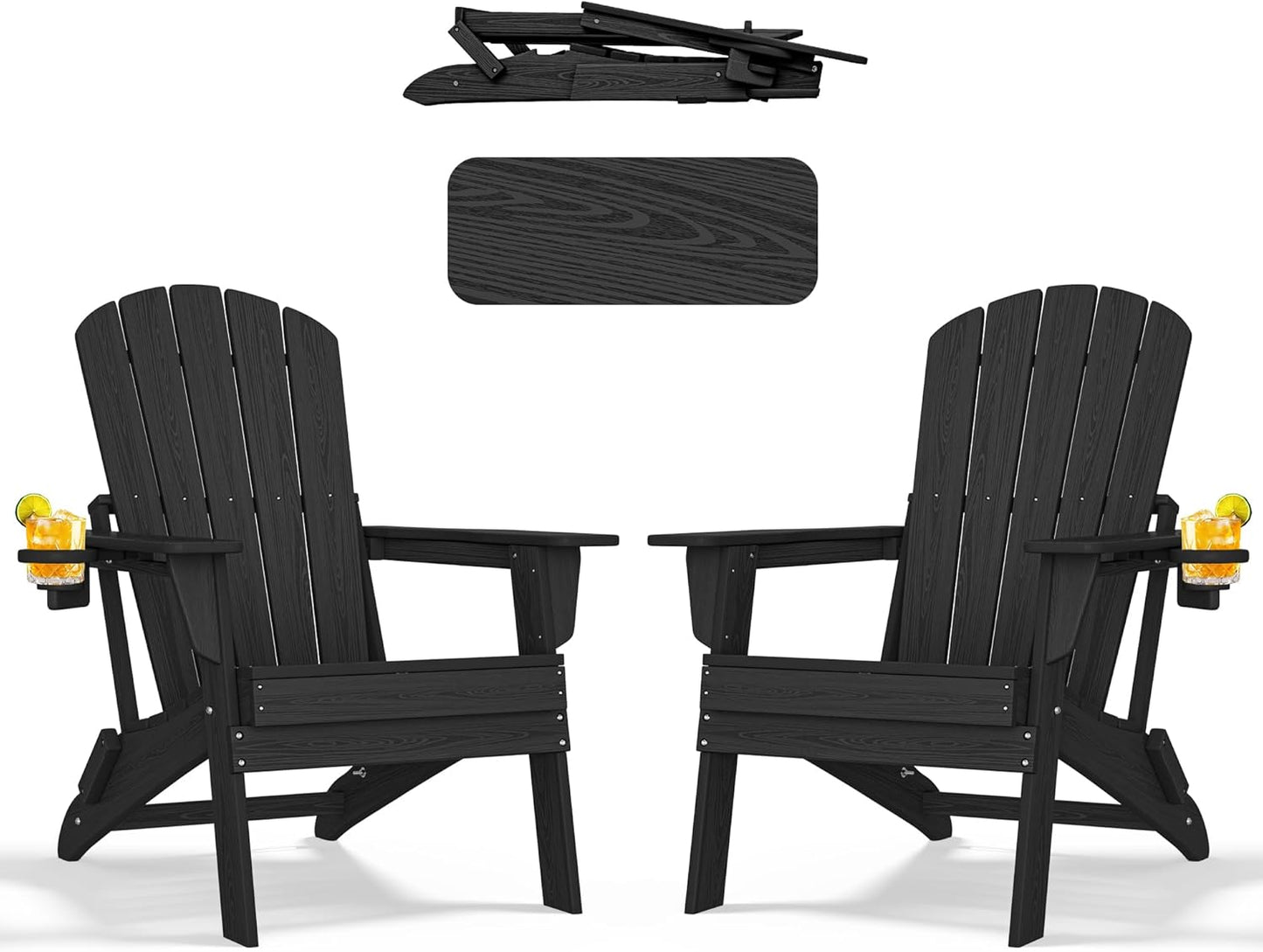 Folding Adirondack Chair - Extended Ergonomic Backrest, Cup Holder - Easy Assembly - Durable HDPE Plastic, Weather Resistant & Maintenance-Free - Lawn, Patio, Deck Supports 380lbs Black