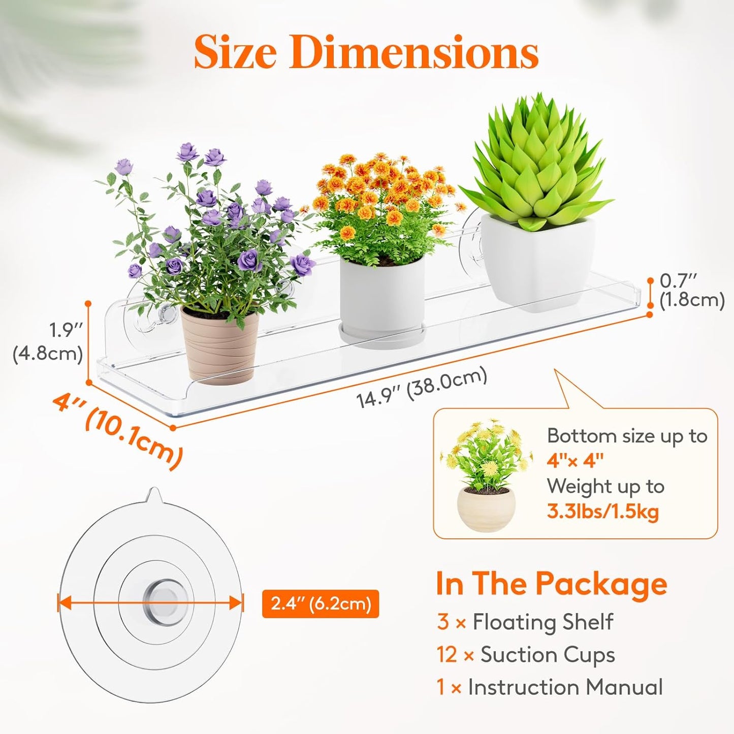 Lifewit Window Plant Floating Shelves 15 x 4 inch, 3 Pack Acrylic Suction Cup Shelf, Window Sill Extender for Indoor Succulent Plants, Micro Greens, Seed Starter Pots, Herb Planters