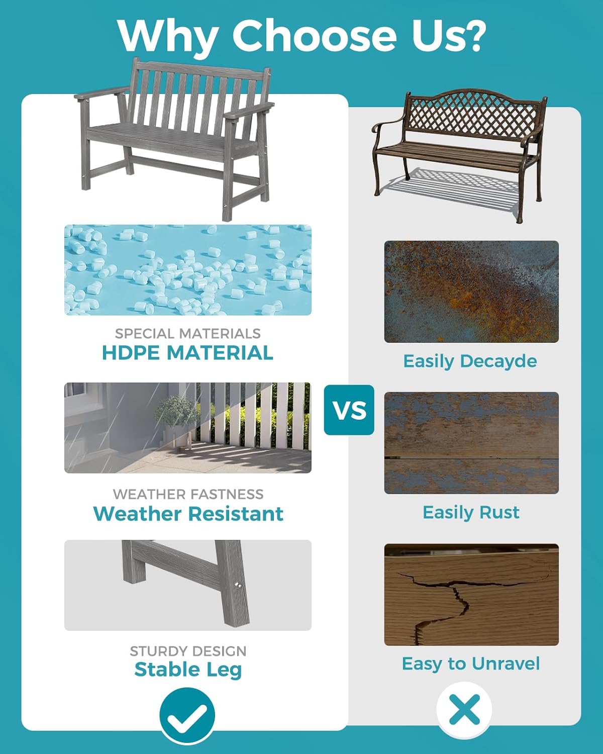 Outdoor Bench, 2-Person HDPE Garden Bench, All Weather Poly Patio Bench for Outdoors, Garden, Backyard, Porch and Park, 550 lbs Weight Capacity, Grey, 2 Pack