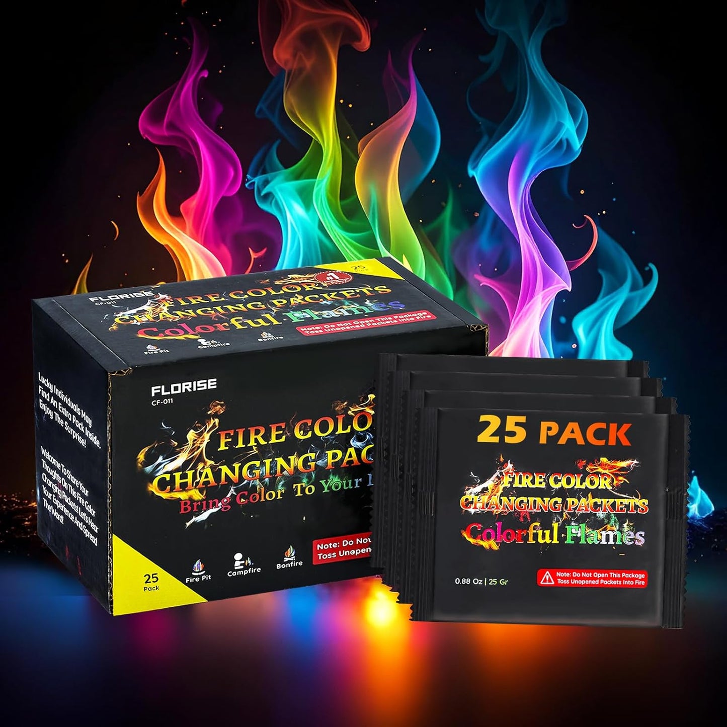 Fire Color Changing Packets for Fire Pit, Campfires, Outdoor Fireplaces, Bonfire - Camping Essentials for Kids & Adults, Camping Accessories Magical Colorful Flames, 25 Pack