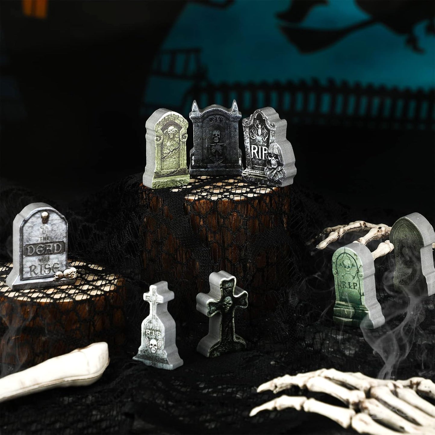 Kathfly 9 Pieces Halloween Miniature Tombstones Mini Village Tombstones Halloween Figurines Miniature Spooky Town for DIY Crafts Outdoor Home Garden Decor