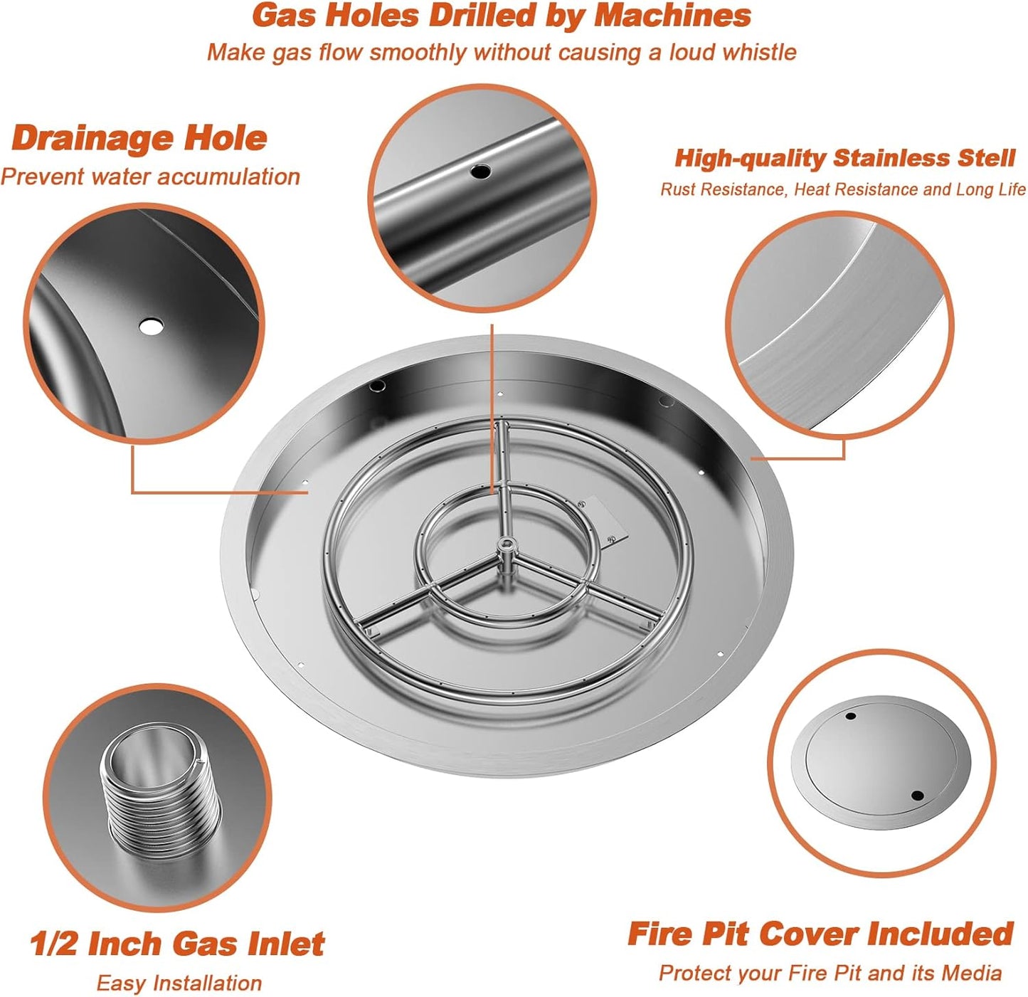 Skyflame 19 Inch Round Stainless Steel Drop in Fire Pit Pan Fire Bowl with Burner Ring and Protective Cover