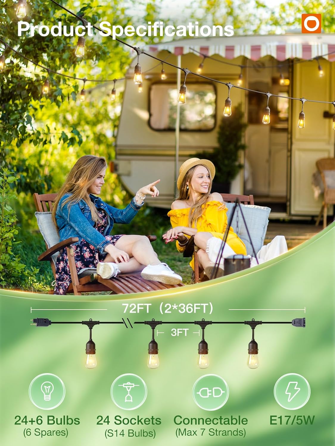 addlon 72FT(36FT*2) Outdoor String Lights Commercial Grade Weatherproof Strand, 30 Edison Vintage Bulbs, 24 Hanging Sockets and 6 Spare Bulbs, ETL Listed Decorative Cafe Patio Lights for Bistro