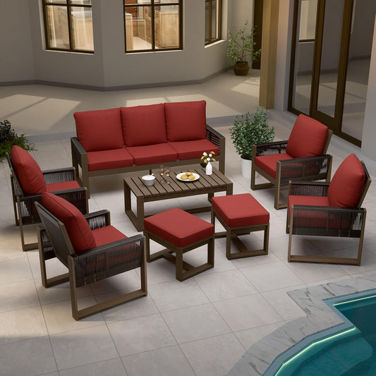 EAGLE PEAK Natural Wood Outdoor Patio Furniture, Cedar Furniture, Conversation Set, Outdoor Seating for Deck Patio Porch, Sofa 4 Chairs 2 Ottomans & Coffee Table, 8 Pieces, Brown/Red