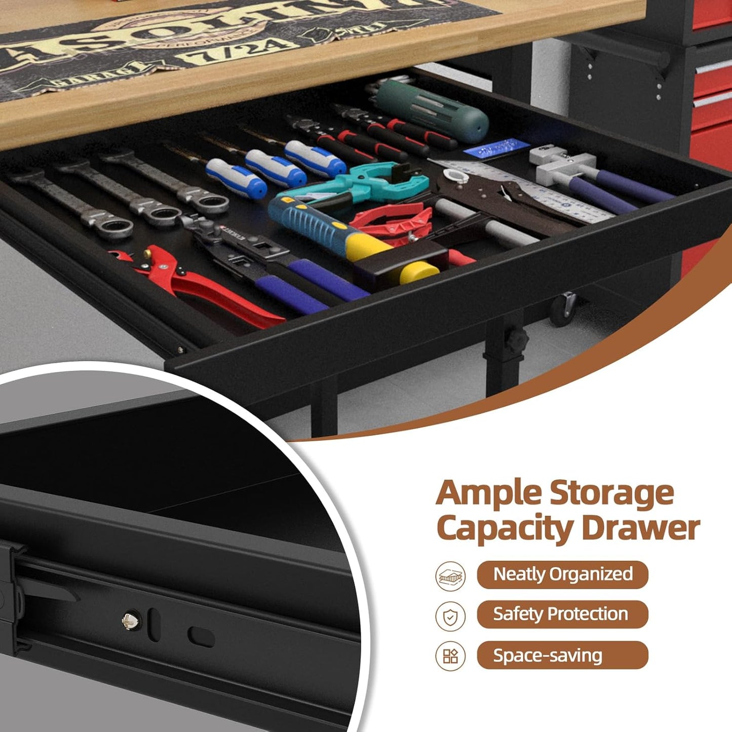 60'' Adjustable Workbench, Solid Wood Work Bench Table with Wheels and Power Outlet, Rolling Workbenchs with Drawers, Large Load Capacity Garage Workbench for Workshop,Office,Home