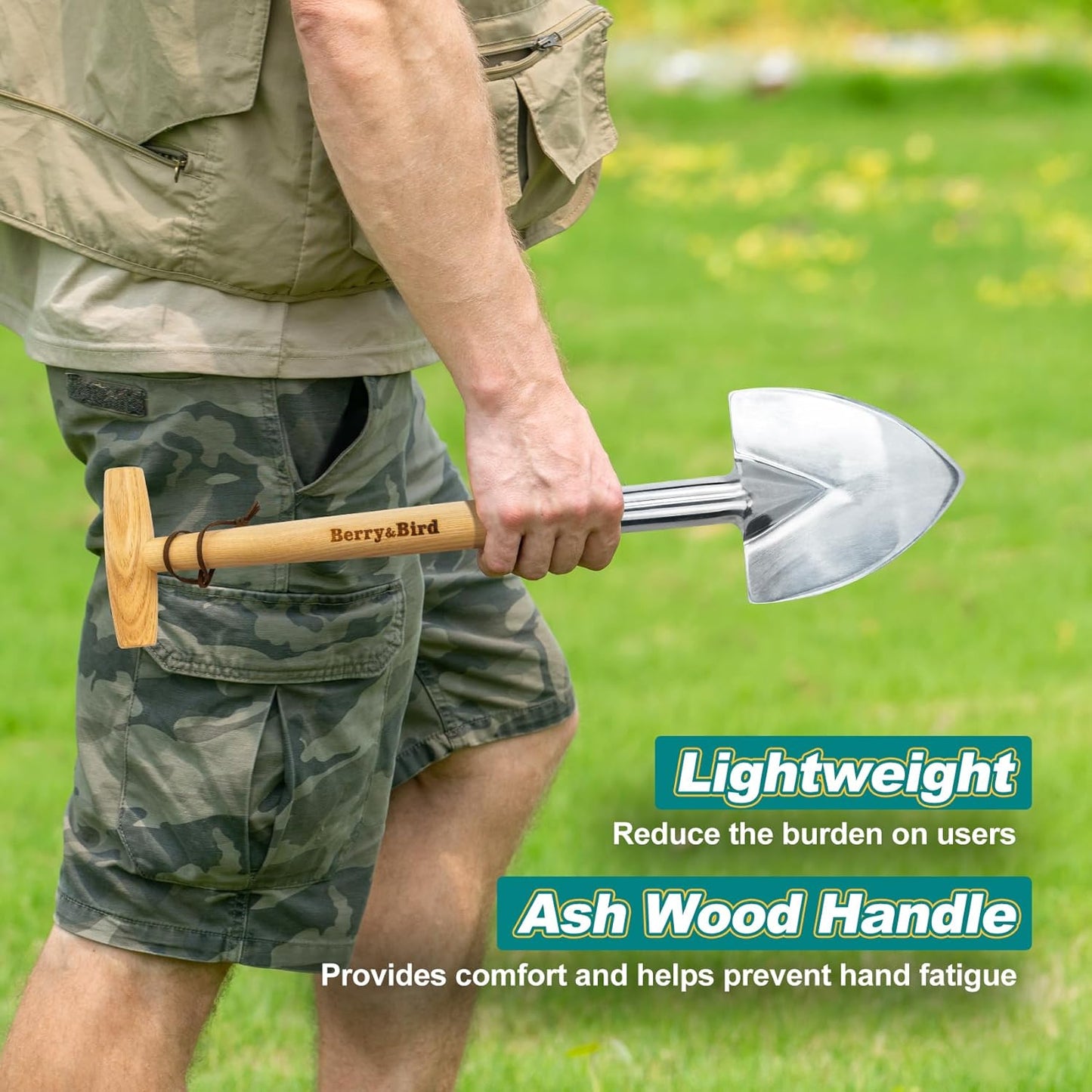 Berry&Bird Perennial Shovel, 21.6'' Pointed Head Garden Spade with Sharp Blade Wood Hand Shovel, Stainless Steel Long Trowel Gardening Tool for Roots, Planting, Digging, Transplanting and Cutting