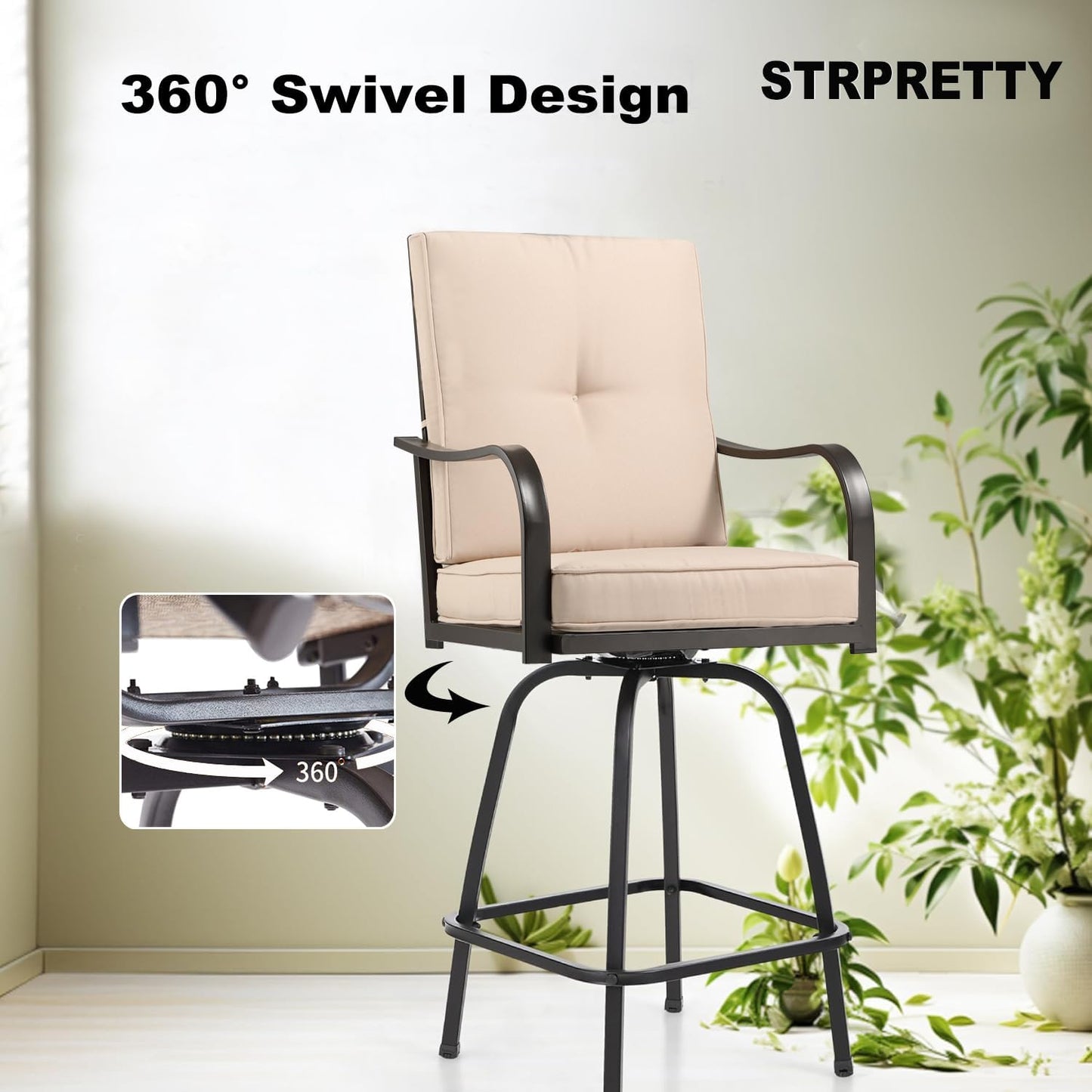 Patio Swivel Bar Stools Set of 6, Outdoor Bar Height Patio Swivel Chairs with Cushion for Garden Balcony Backyard (Beige)