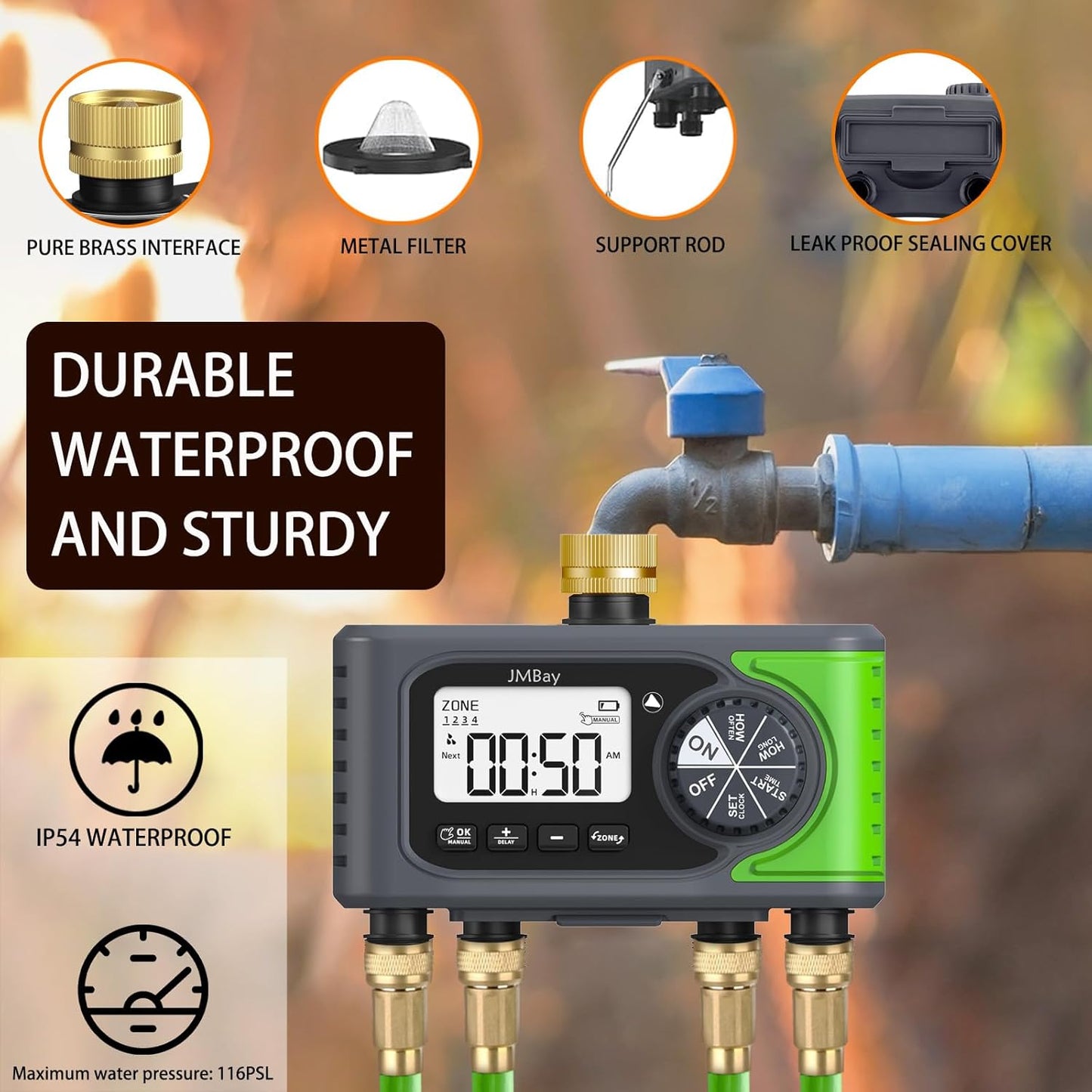 4 Zone Water Timer, Digital Water Timers for Garden Hose, Automatic Sprinkler Timer for Garden Hose, with Rain Delay & Manual Watering, Pure Brass Inlet