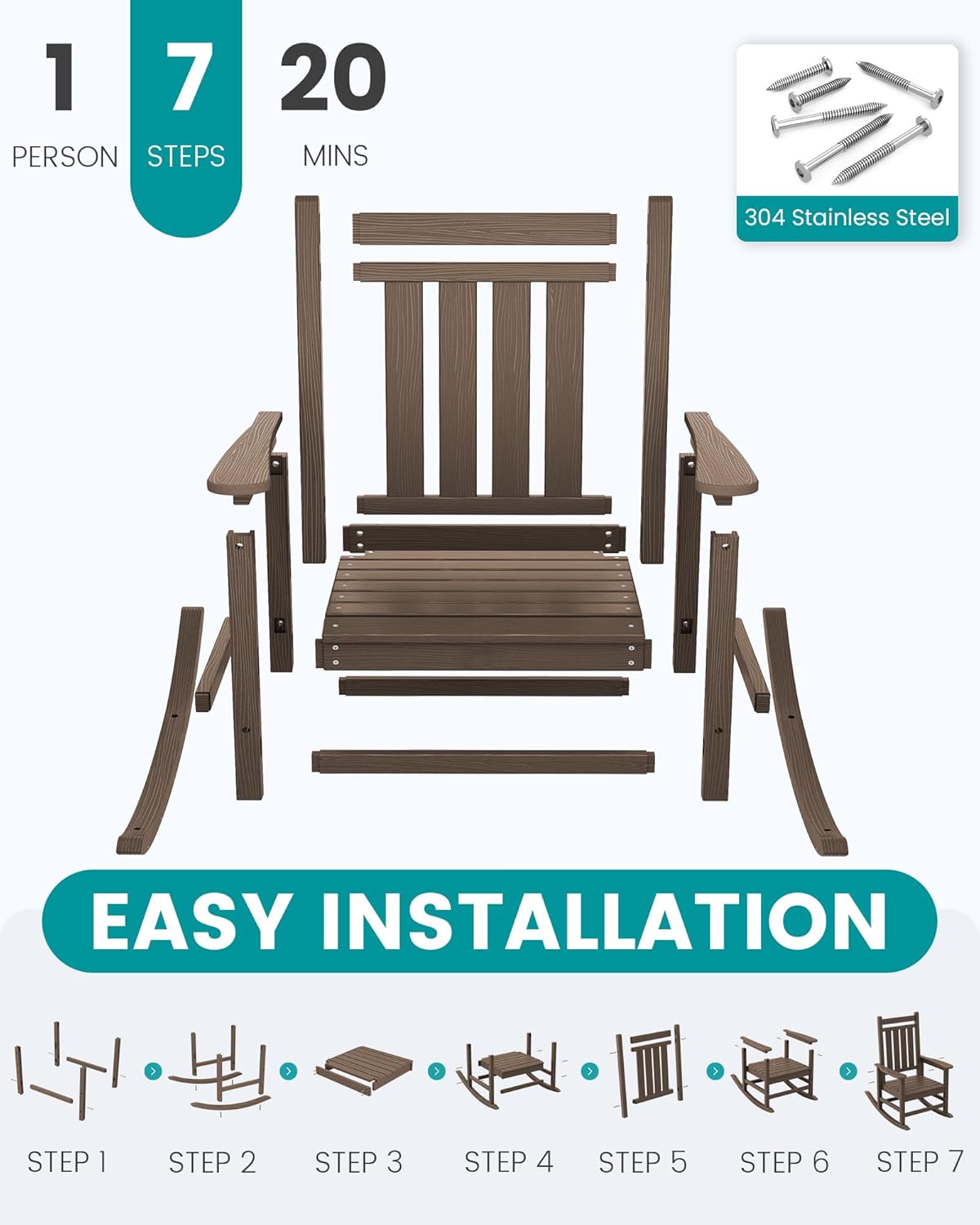 SEWALL HDPE Rocking Chair, Oversized Outdoor Rocking Chair for Adults, Patio Rocker for Porch, Coffee