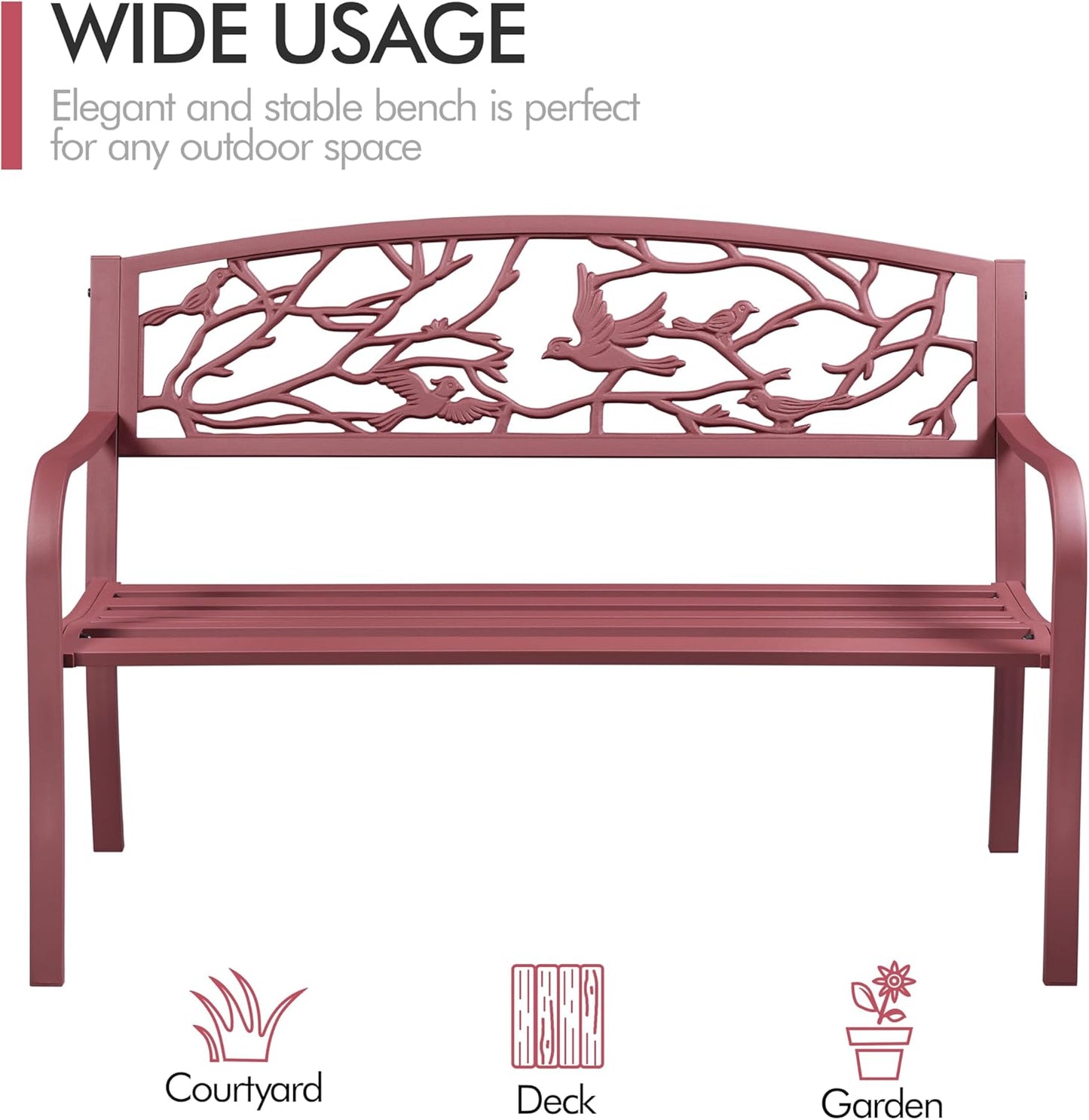 Yaheetech Outdoor Garden Bench Patio Furniture Chair Outdoor with Vintage Bird Pattern Backrest, Slatted Seat, Antique Metal Bench for Yard & Porch & Park, Red