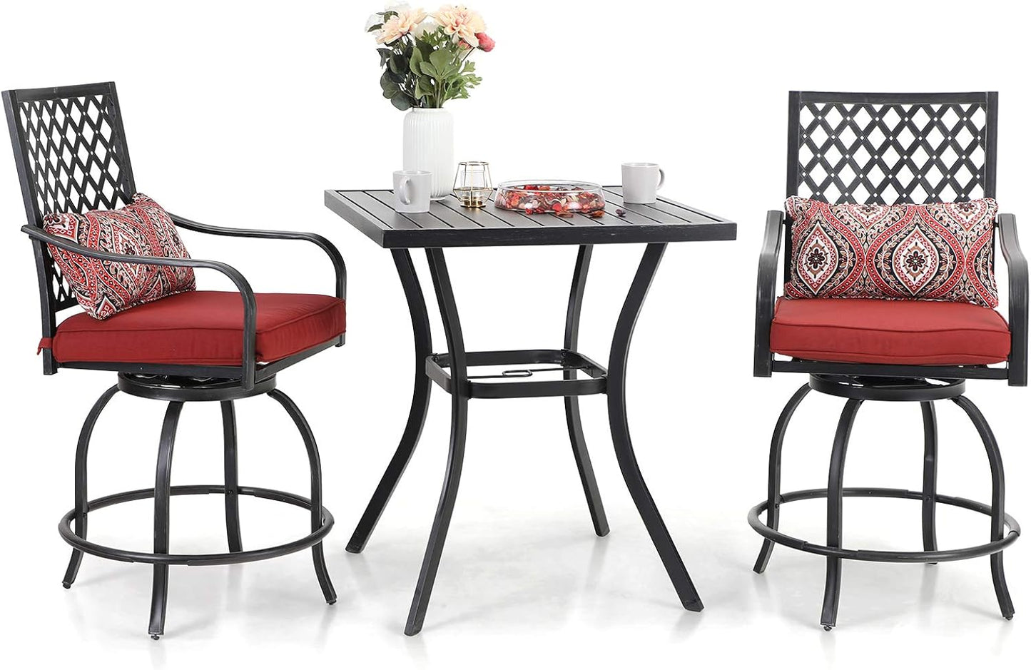 Sophia & William Patio Bar Set, 3 Pieces Outdoor Bistro Set with 2 Swivel Bar Stools Bar Height Patio Chairs and 1 Square Patio Bar Table with Umbrella Hole