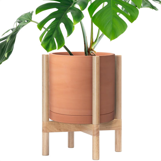 D'vine Dev Terracotta Planter with Natural Stand - 12 Inch Modern Round Flower Pot with Wood Planter Holder, Terracotta, 55-B-J-5