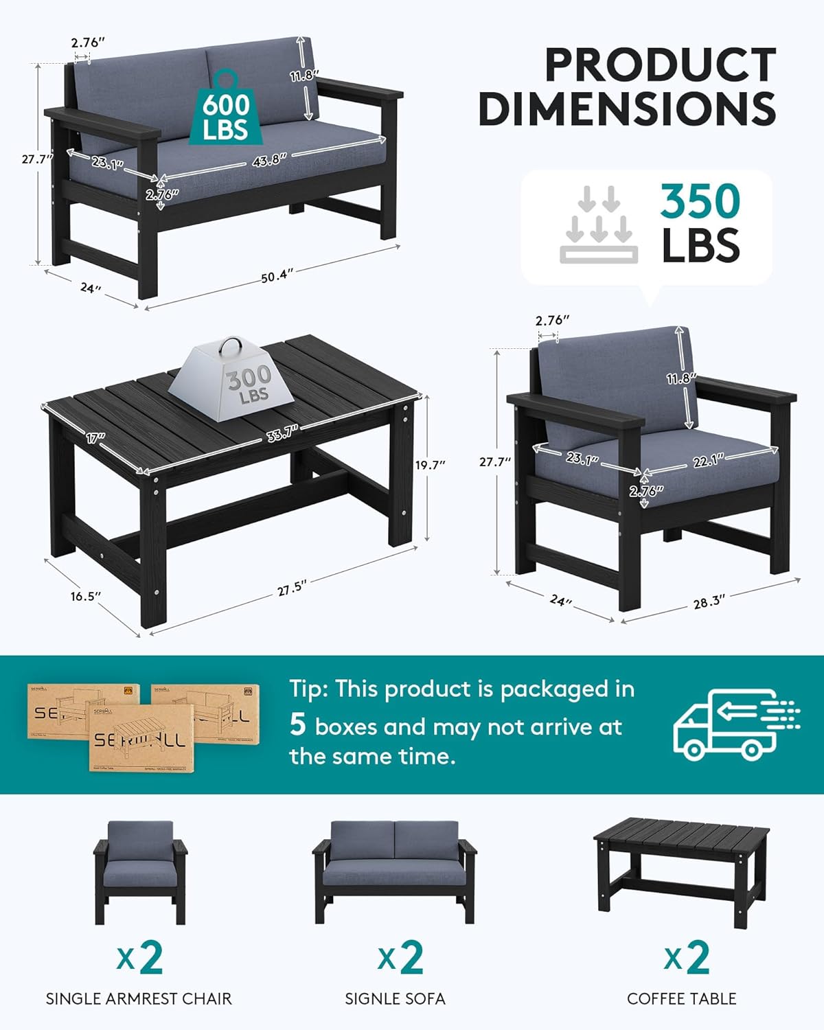 SERWALL 6 Pieces HDPE Outdoor Conversation Sofa Set with Cushions, All Weather Couch Loveseat Furniture with Coffee Table and Cushion, Outdoor Social Sofa Set, Black Frame with Grey Cushions