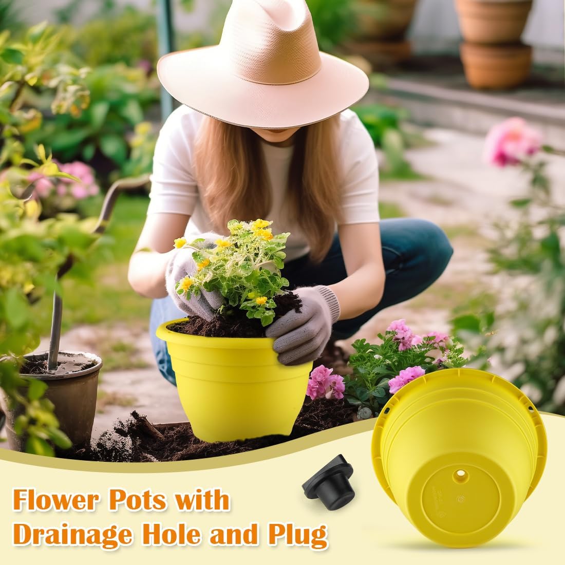 3 Pack 11 Inch Plant Pots with Drainage Hole and Plug, Durable Plastic Flower Pots for Indoor & Outdoor Plants, Elegant Mordern Plant Pots Perfect for Herbs, Flowers & Succulents, Yellow