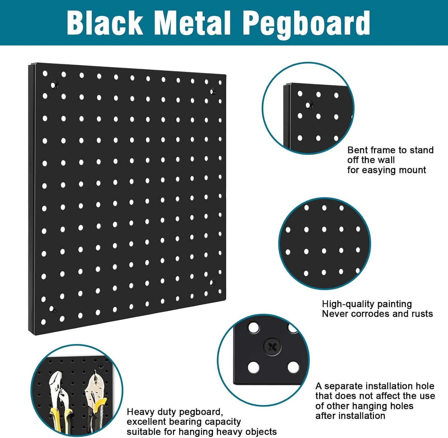 Peg Board,Steel Organization Panels, Ideal for Garage Tool Storage, Office Organization, Craft Room, Kitchen,Pack of 4 (Black, 4-12X12)