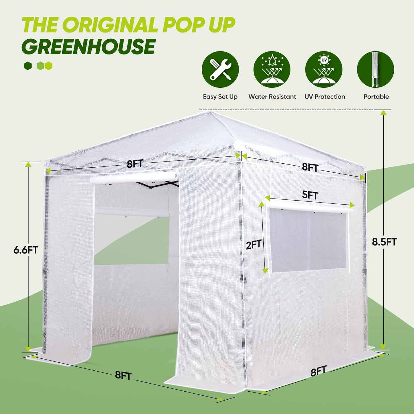 EAGLE PEAK Instant Pop-up Greenhouse, Indoor Outdoor Plant Gardening Green House, Roll-Up Zipper Doors and Side Windows, Walk in 8x8 ft, PE Cover, White/Clear