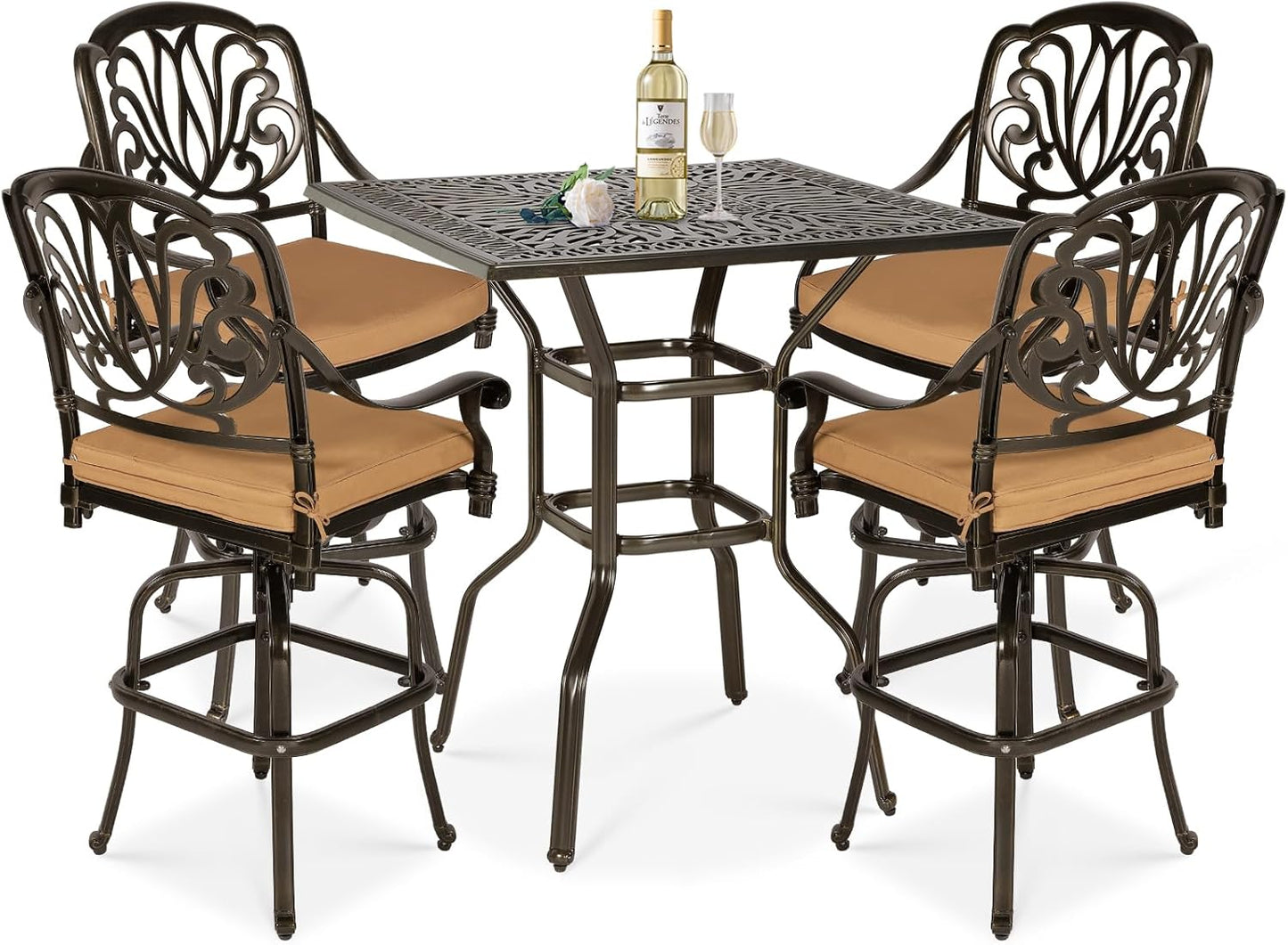 5 Pieces Patio Swivel Bar Set, Patio Bar Table and Chairs Set, All-Weather Cast Aluminum Outdoor Swivel Bar Stools of 4 and 35.4" Square Bar Table, High Top Bistro Set for Deck, Pool, Garden