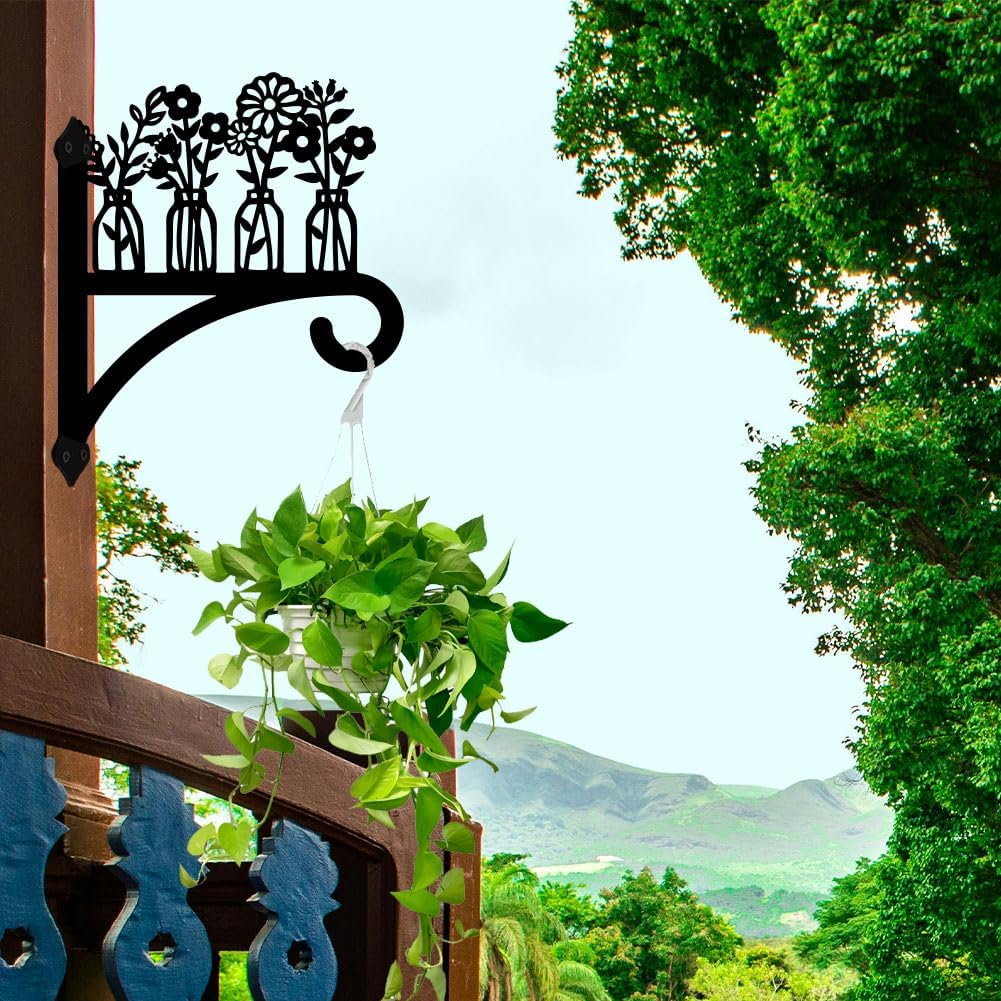 peacoblue Iron Plant Hangers Hooks for Outdoor Indoor Hanging Plants Flower Fern Pots Lantern Bird Feeder,12"x15" Weather Resistant Metal Wall Holder for Porch Garden Farmhouse(Vase and Wildflower)