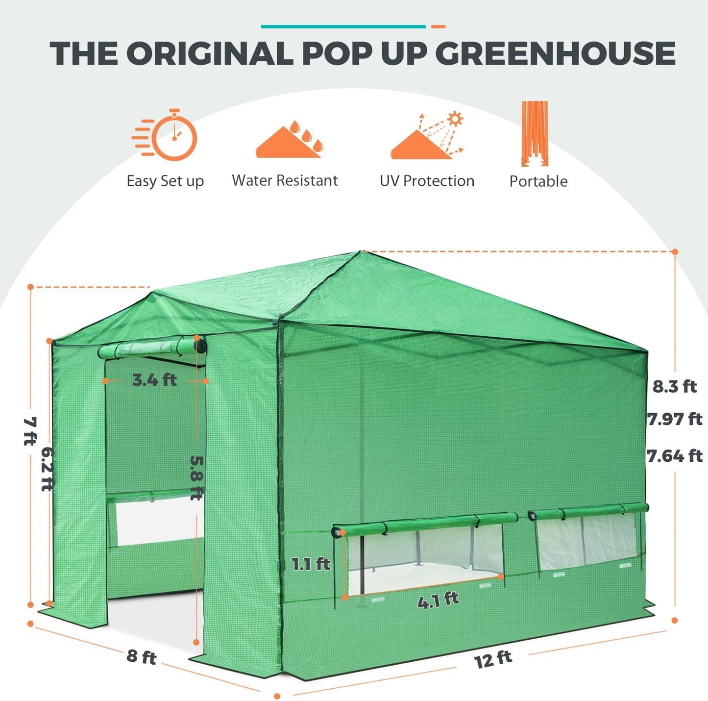 EAGLE PEAK Instant Pop-up Greenhouse, Indoor Outdoor Plant Gardening Green House, Roll-Up Zipper Doors and Side Windows, Walk in 12x8 ft, Green/Clear