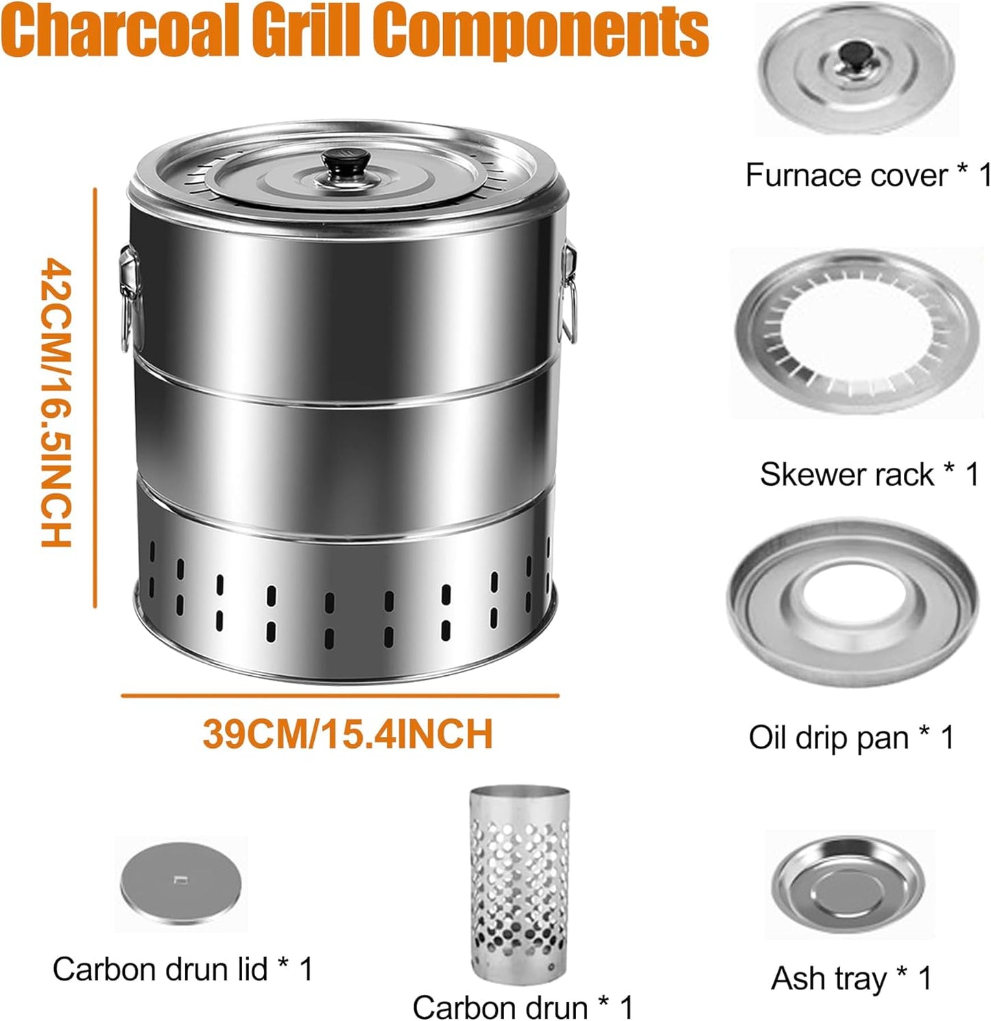 Stainless Steel Smokeless Barbecue Surround Charcoal Grill, Portable kebabs Charcoal Grill with Grilling Accessories Set, Diameter 15.4 inch/28 Kabob Skewer