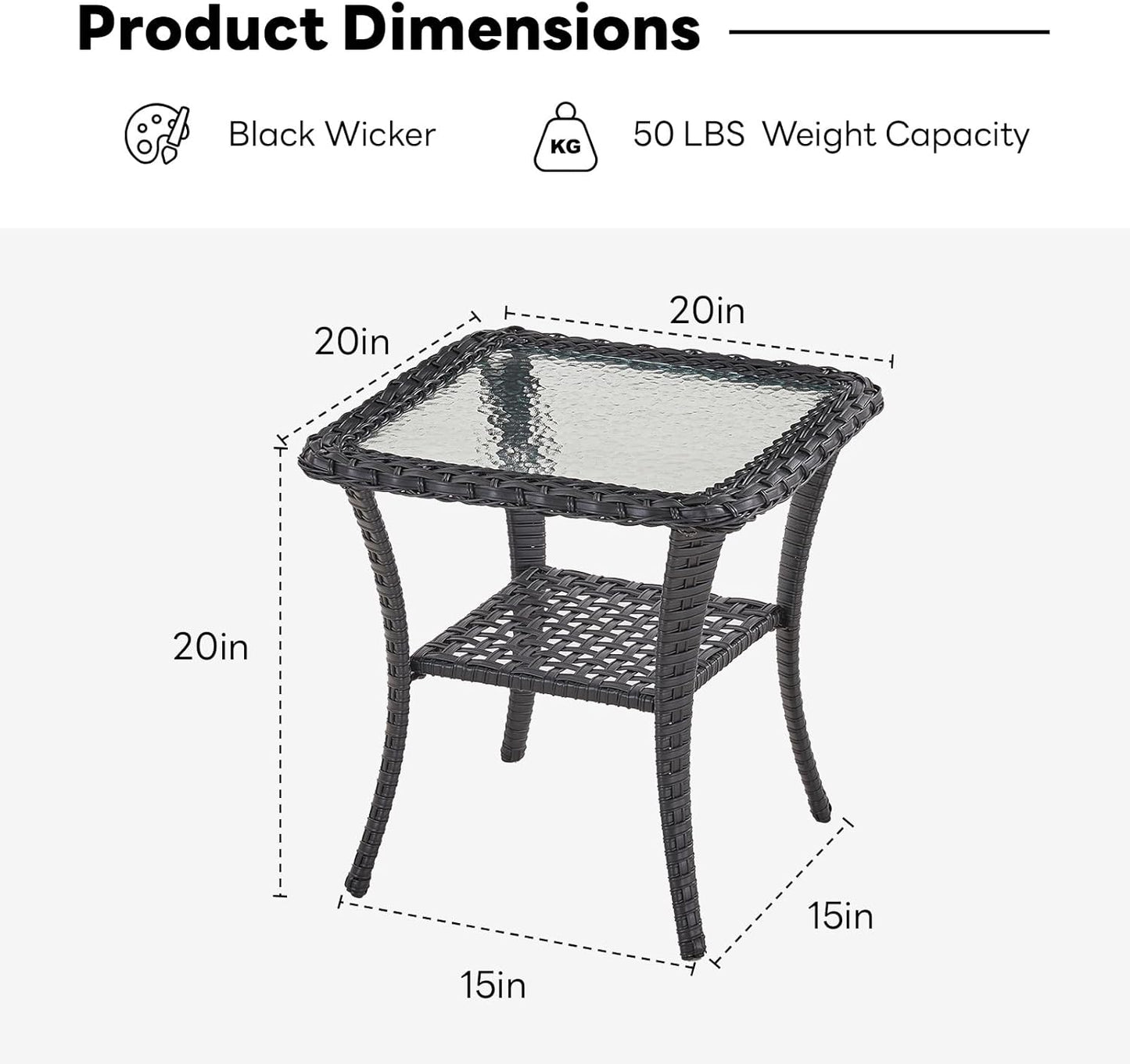 Handwoven Wicker Side Table - 20 Inch Small Outdoor Table 2 Tier Storage with Tempered Glass Top, All Weather Outdoor Patio End Tables for Deck Balcony Outside Black