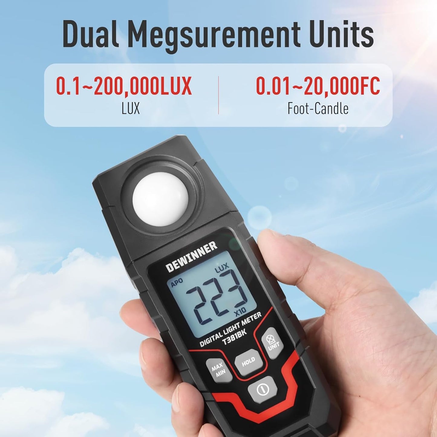 DEWINNER Digital Illuminance Light Meter – 0-200,000 Lux Light Tester for Plants, LED Grow Lights, Car Headlights – Candles Meter, 8X/s Sampling, 120° Angle, Backlit Display (Battery Included)